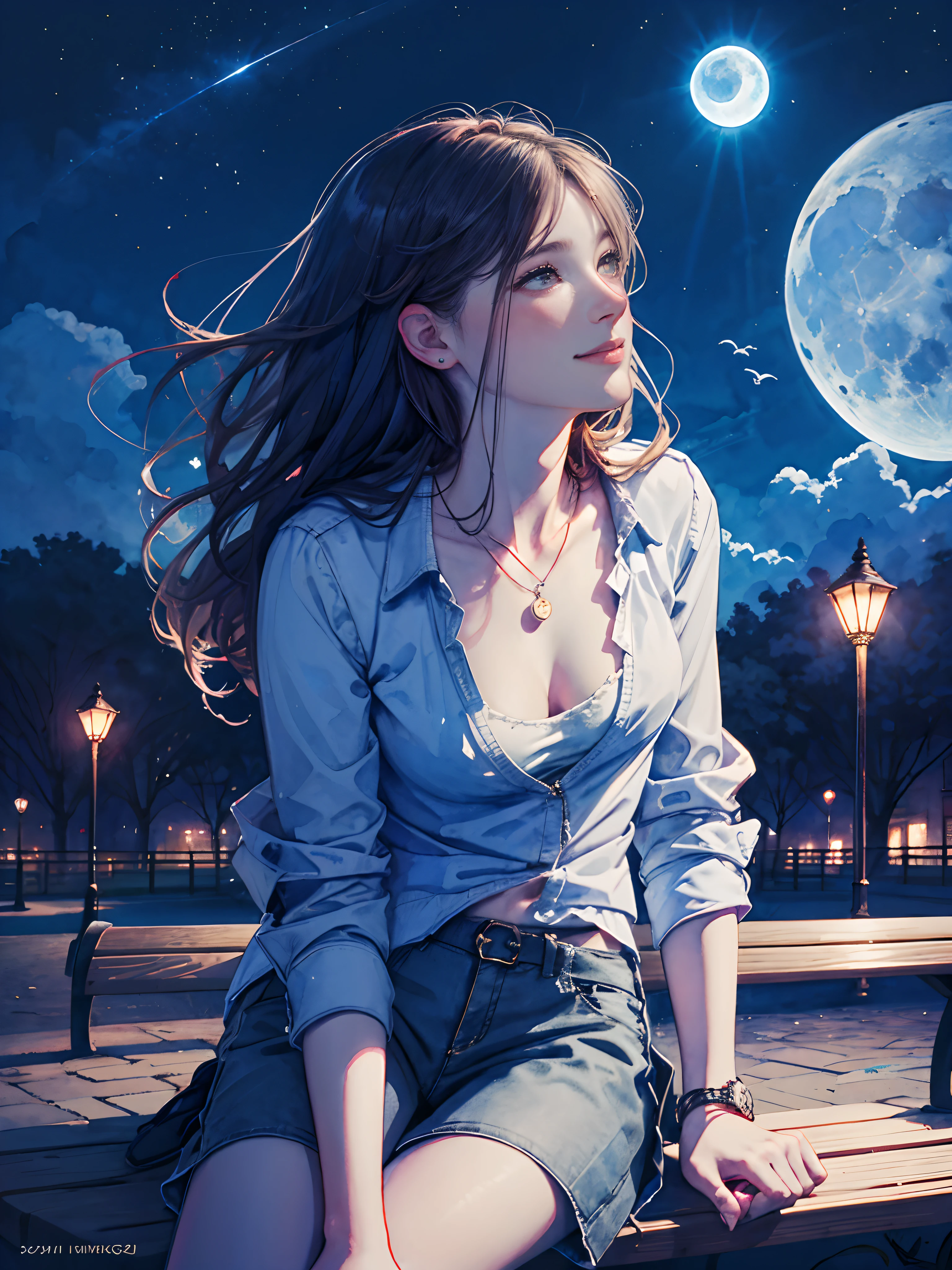 Highest Quality, Highest Quality, (close up:1.3),masutepiece, Ultra-high resolution, 8K, Watercolor style, Watercolor illustration,25-years old, Woman sitting on park bench looking at moon, Looking up from below, Looking up at the moon, From waist to face, Smile, slim, Plain white blouse, Gray jacket, Miniskirt, sneakers, Long brown hair blown by the wind, Night, Park Street street lights, Blue Moon of the Full Moon, Night Park, Susuki growing,watercolor paiting \(Medium\),watercolor paiting