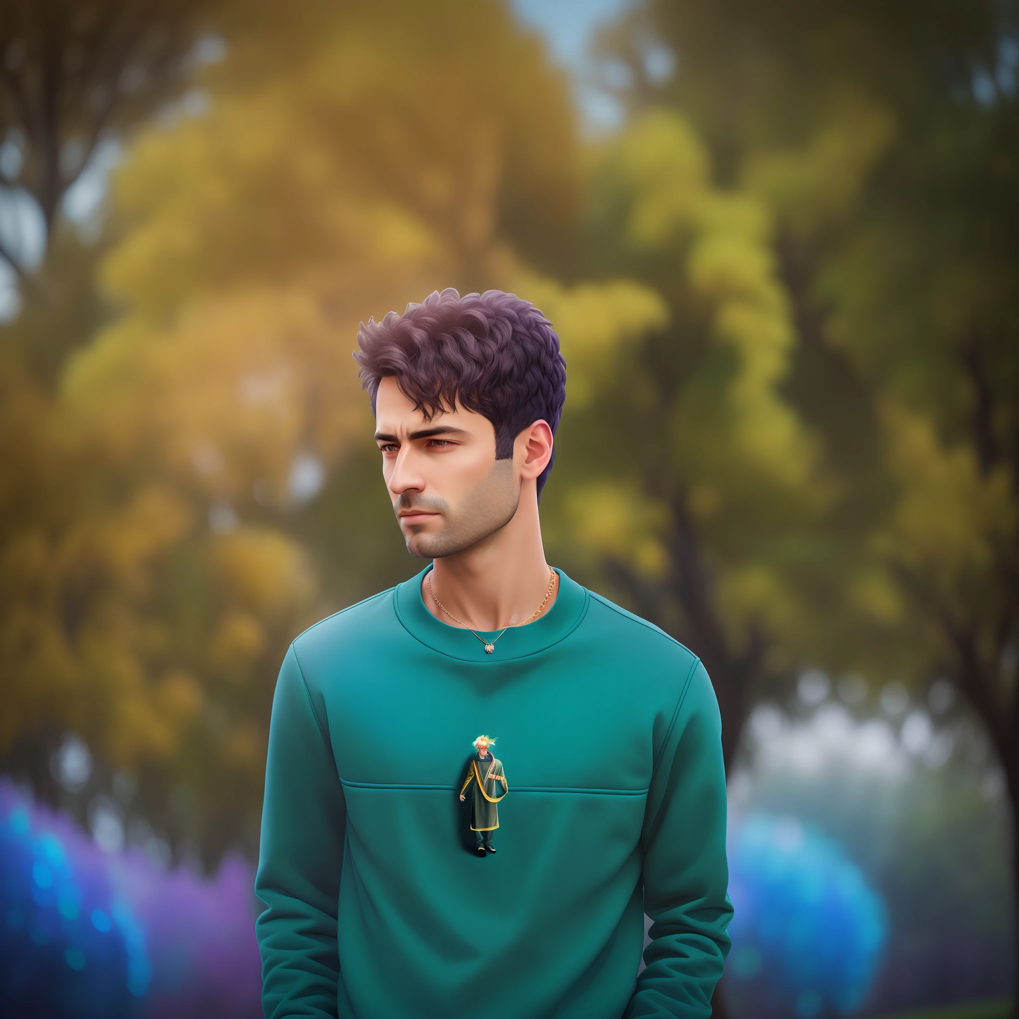 arafed man with a metallic colour sweatshirt and a necklace standing in front of a tree, high quality portrait, digital art picture, made with photoshop, color portrait, stylized digital art, realism artstyle, portait photo profile picture, edited in photoshop, digital art!!, color photograph portrait 4k, stylized portrait, soft portrait shot 8 k