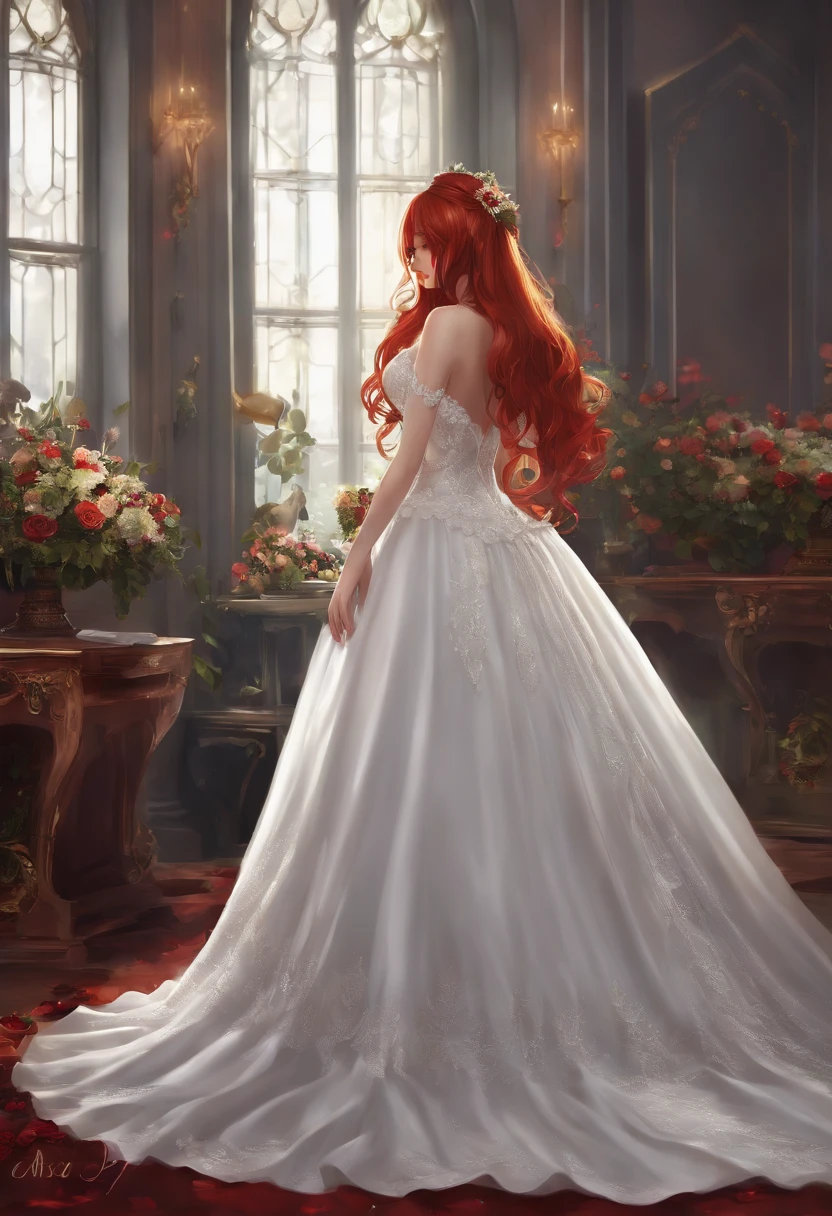 1girll, Masterpiece, A high resolution, Sonic edges_Rias_Grey Mory,Long red hair, ((Wedding dress, Room, bridal lingerie, Wedding theme))
