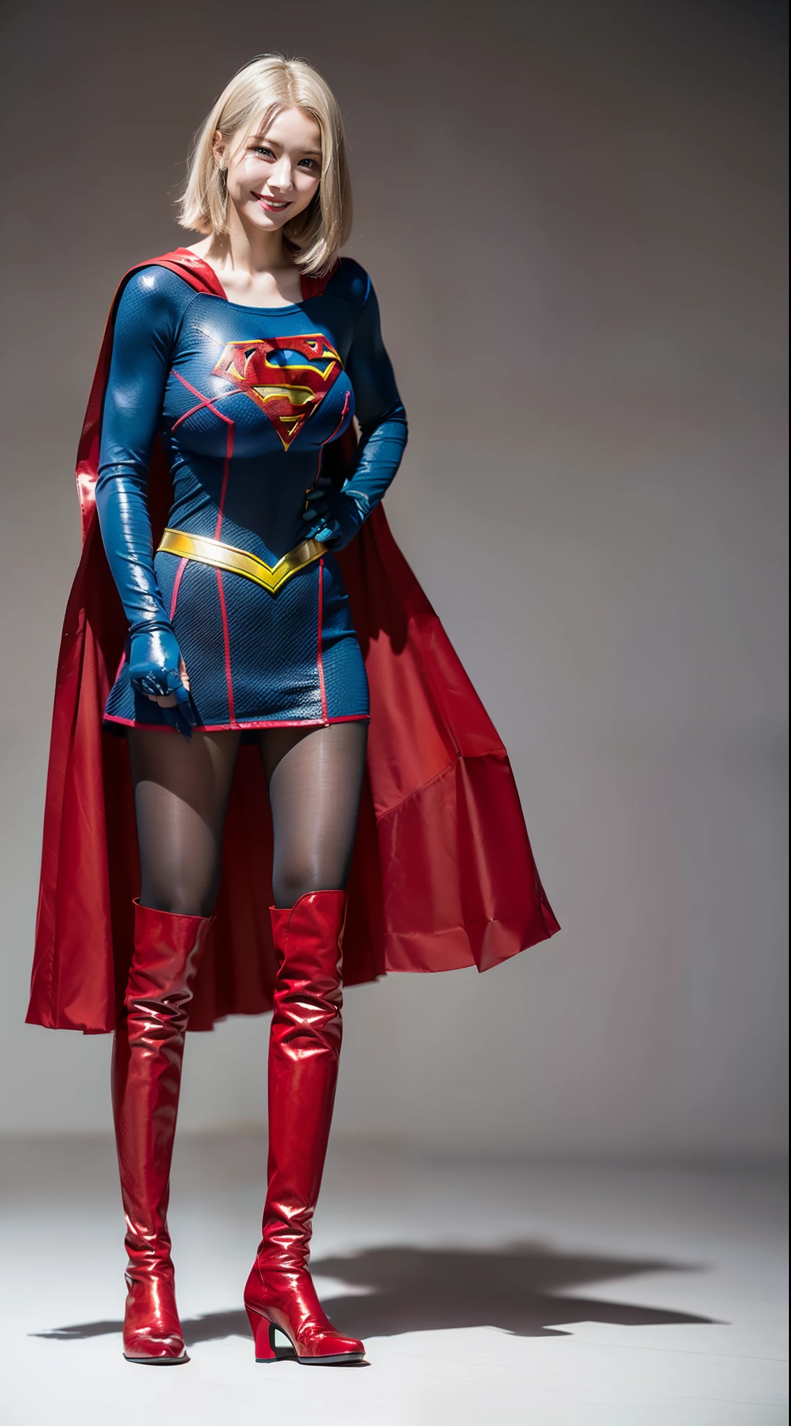 (((Make the most of the original image)))、(((Supergirl Costume)))、(((shiny short hair)))、(((Suffering)))、(((Feet must necessarily be worn with black tights)))、(((Smile)))、(((You need to wear red boots)))、((Top image quality、8K))、((top-quality、8K、​masterpiece:1.3))、(((Keep your background simple)))、Crisp focus:1.2、Beautiful woman with perfect body shape:1.4、Slender Abs:1.2、((layers-Cut、large boob:1.2))、a wet body:1.5、Highly detailed facial and skin texture、