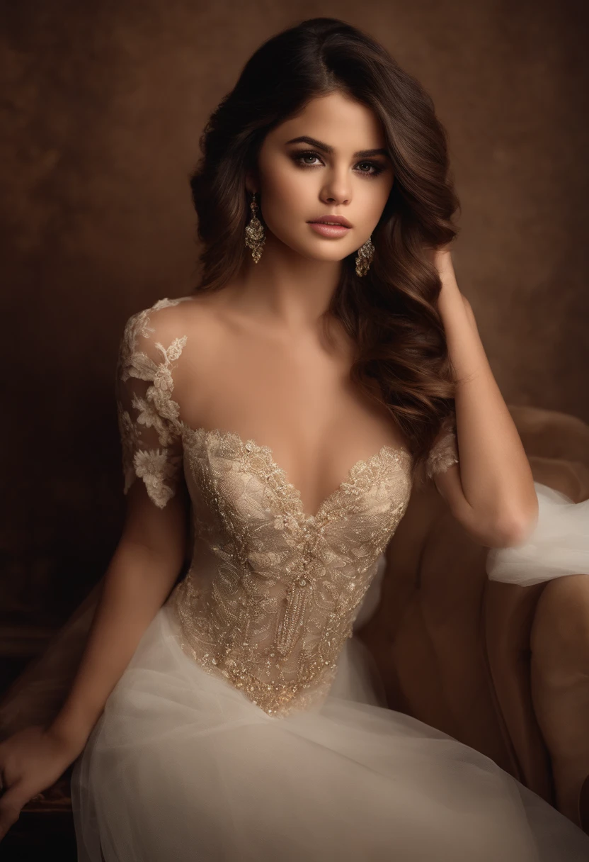 (Selena Gomez)),(photographier:1.2 of a beautiful girl) en lingerie, (Mexicain:1.2), (beau visage:1.1), (belle:1.1), (jeune:1.1), (Corps de sablier:1.1), (sexy:1.1), (chaud:1.2), Selena Gomez pose en lingerie sexy,Rendu 3D,beautiful detailed eyes,beautiful detailed lips,Ultra detailded,longs cils,Golden glow,Bokeh,softlighting,Couleurs vives,Peinture ultra-fine,Realstic,photographierrRealstic:1.37,High resolutions,шедевр:1.2,Toile de fond de chambre luxuriante,pose sensuelle,composition frappante,Style professionnel,Une peau impeccable,cheveux raides,Transparent lace details,Ombres subtiles,Ambiance chic,Elegant jewelry,Environnement romantique,Glamorous atmosphere,Powerful presence,Elegant posture,Perspective unique.