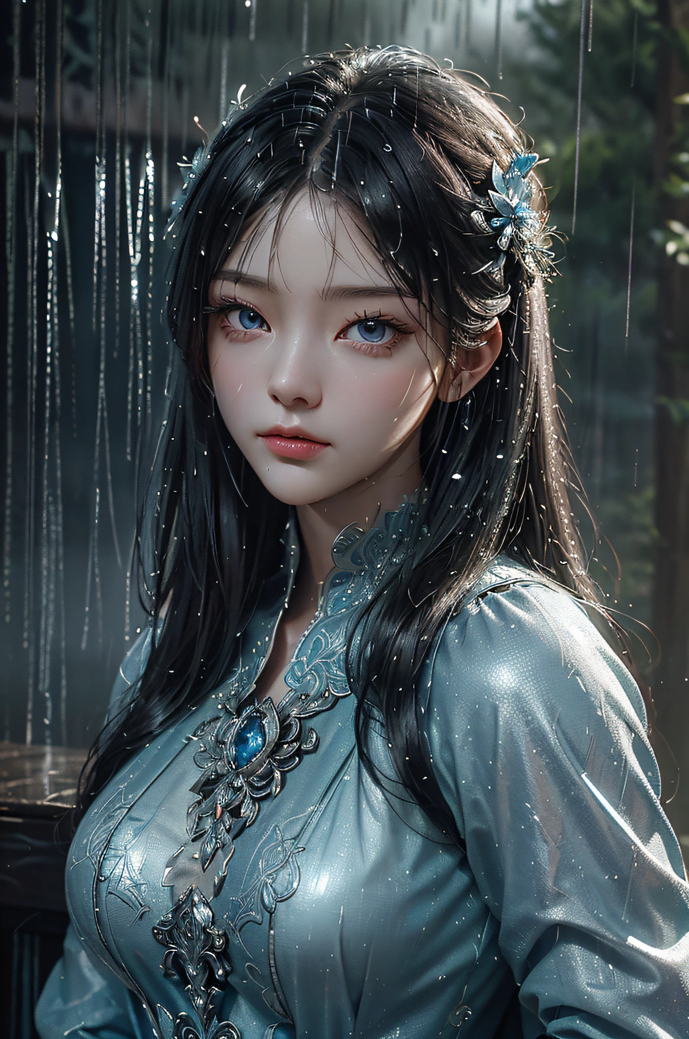 a close up of a woman in a silver and blue dress, chengwei pan on artstation, by Yang J, detailed fantasy art, Stunning character art, Fanart Meilleure ArtStation, epic exquisite character art, Beautiful armor, Extremely detailed Artgerm, Detailed digital anime art, Artgerm on ArtStation Pixiv, Armour(Masterpiece:1.2, Best quality), (Real picture, Intricate details), (during night, Dark, heavy rain poured:1.4) In the forest, the surroundings were silent, Only raindrops hit the trees, Near and far;, making a slight rustling sound. In the cold rain, (1girll, Sad, Perfect eyes:1.2) are standing,Fold your arms over your chest,8K