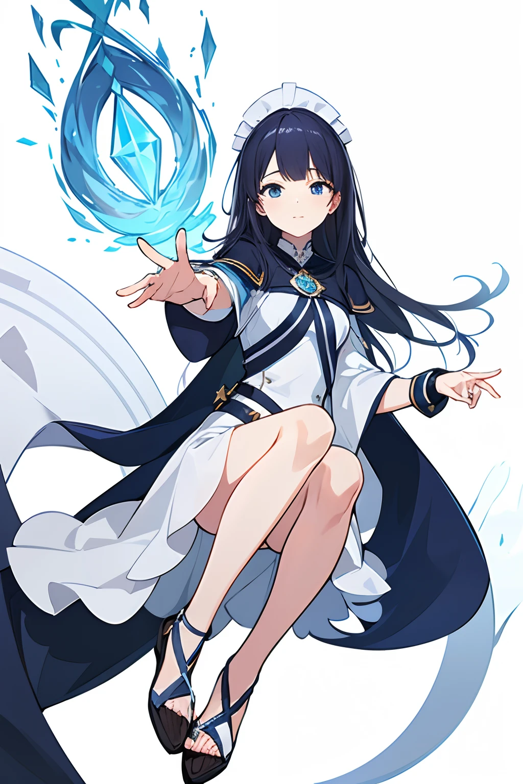 masterpiece, best quality,[(White background:1.4)::5],1mature girl,full body, dark blue hair, long hair, healer, magic