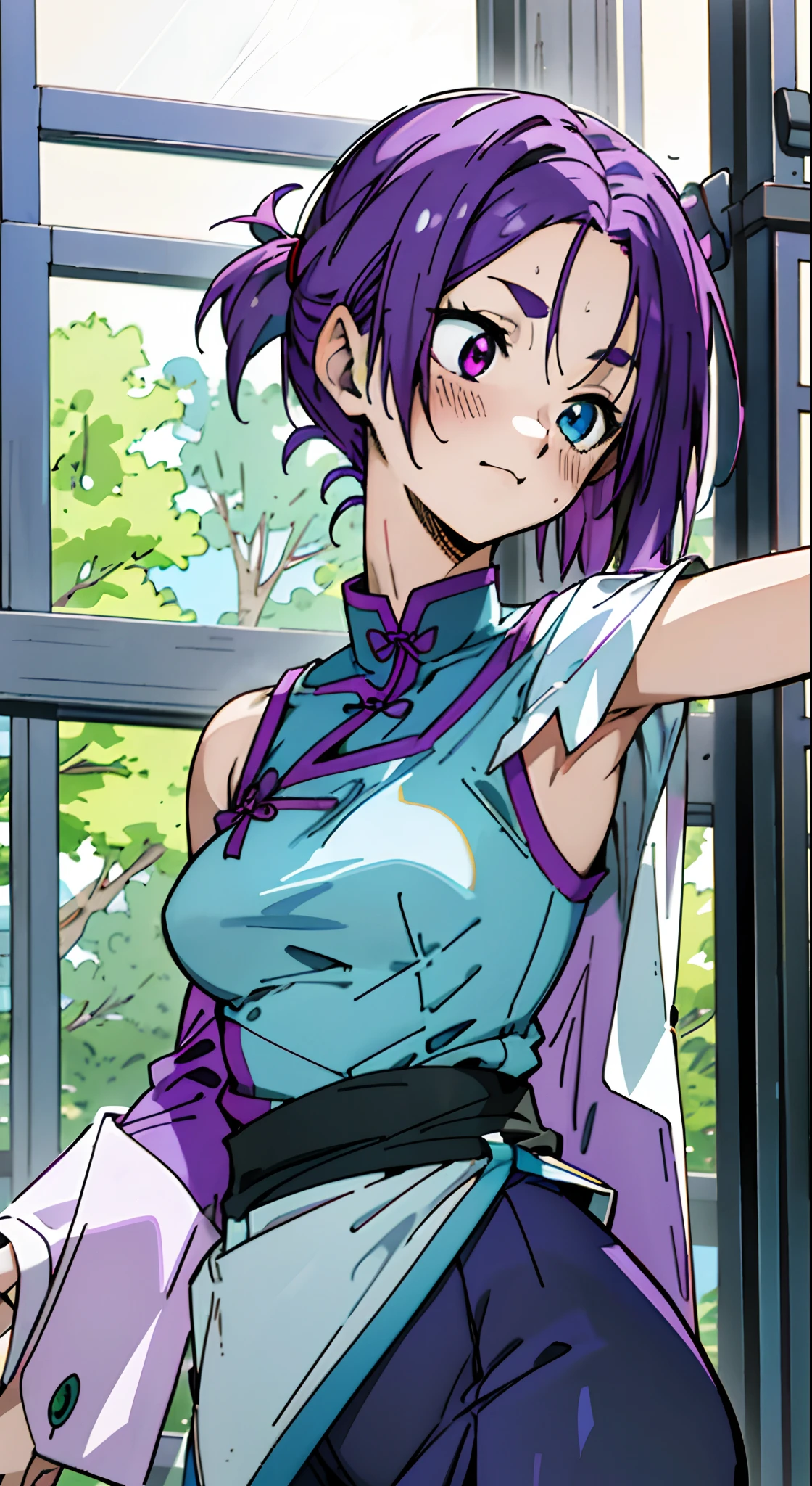 Masterpiece, Best quality, Ultra-detailed, Off-the-shoulder attire, Colorful,take up close, Hyper-detailing,purple color hair, reo mikage, bluelock, no sleeves, camisole, blue camisole, cheongsam, chinese clothes, chest exposure, underwear, the kinky is exposed, collar, arm covers, sexy breasts, scar, big breasts, red blush, 1girl, Solo, sharpy face, heterochromia, green eyes, purple eyes, Bare neck, happiness face