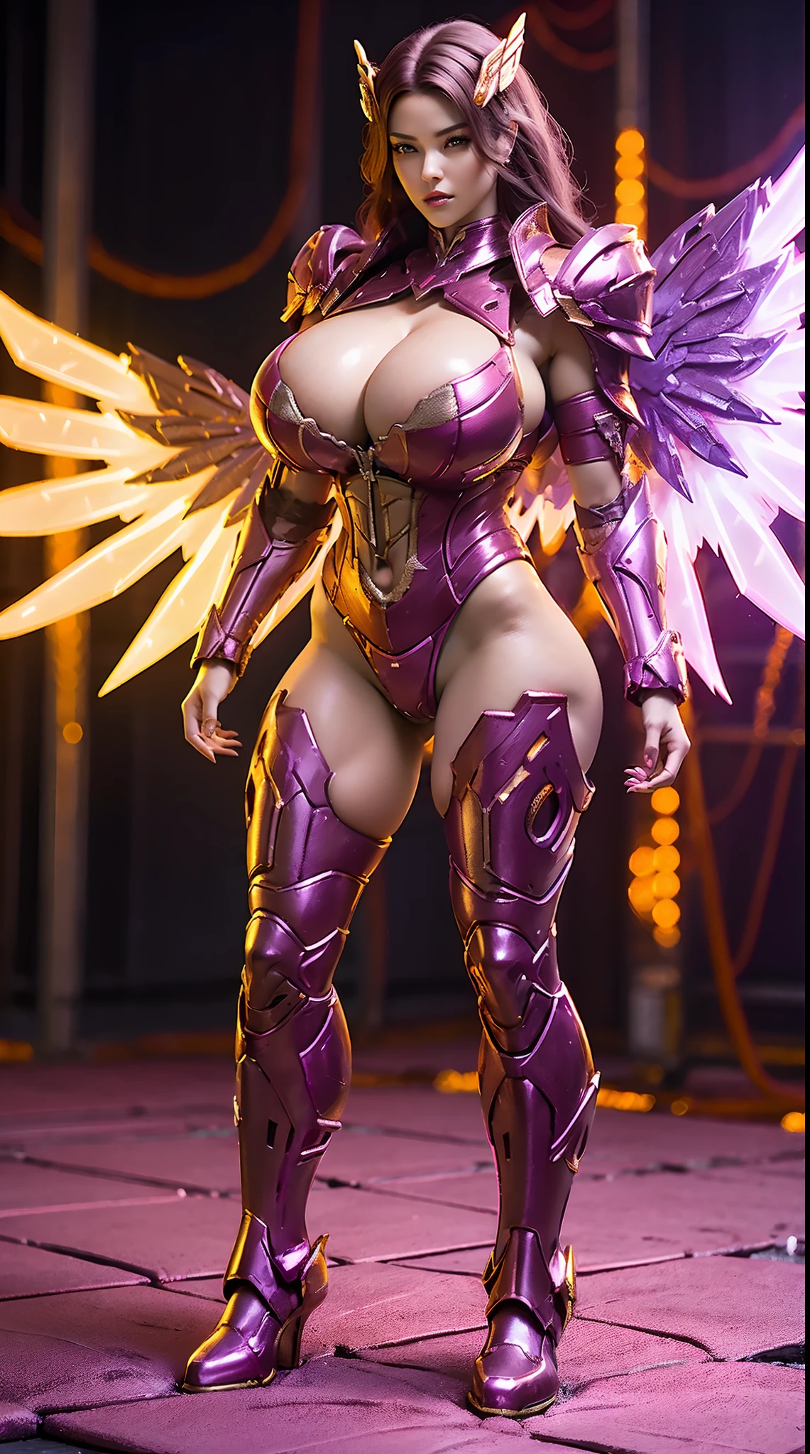 A WOMAN, BEAUTIFULL FACE, HUGE BOOBS, RGB, RED, GOLD, PURPLE, MECHA ARMOR FULL GEAR, (SUIT), (CLEAVAGE), (A PAIR LARGEST WINGS), (FULL BODY:1), TRANSPARANT, TALL LEGS, STANDING, SEXY BODY, MUSCLE ABS.