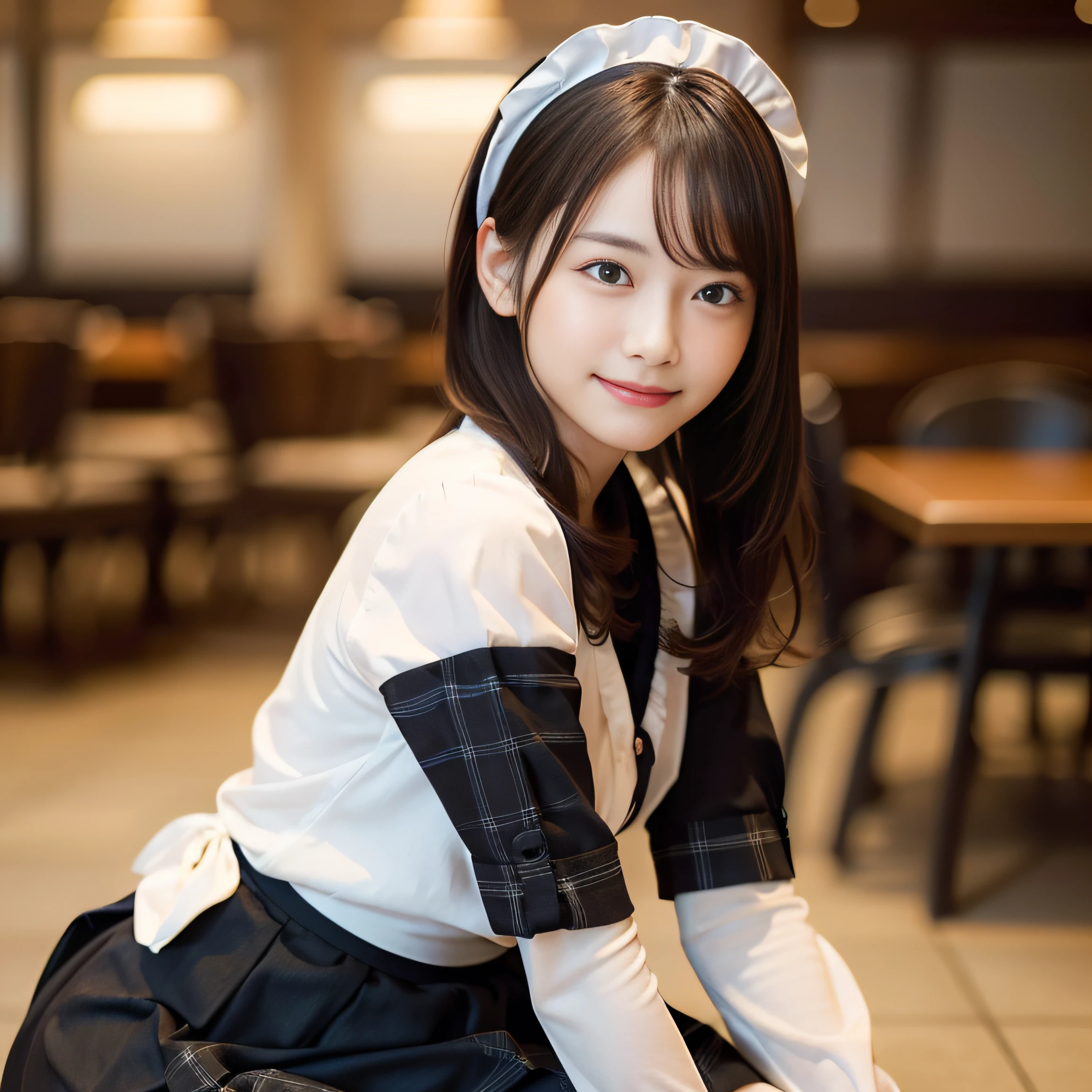 in 8K,Best Quality:1.4, 超A high resolution:1.5, (Photorealistic:1.4),​masterpiece:1.2,(top-quality:1.4)、 Raw photo、 (the background is blurred),  1日本人の女の子, Cute, (Solo:1.4), (Shy smile), Smooth skin、 (Brown medium hair,Bangs), (touch hair:1.4),nogizaka,Supple fingertips,Beautiful black eyes、dual、natural skin textures:1.3, realistic eyes and face details:1.7、middlebreasts、during daytime、Gravure Pose：1.1、Toned buttocks:1.5、Hands behind the head、gazing at viewer,Photographer looking behind his back.５Take a step back,Smile,Delighted, Cheerful,(maid:1.2),Bow,Long sleeves, Black sleeves,(Long tights with black plaid:1.2),Maid headdress,maid apronl,cafeteria,Upper body,(detailed hairs:1.1), (Detailed eyes:1.1)