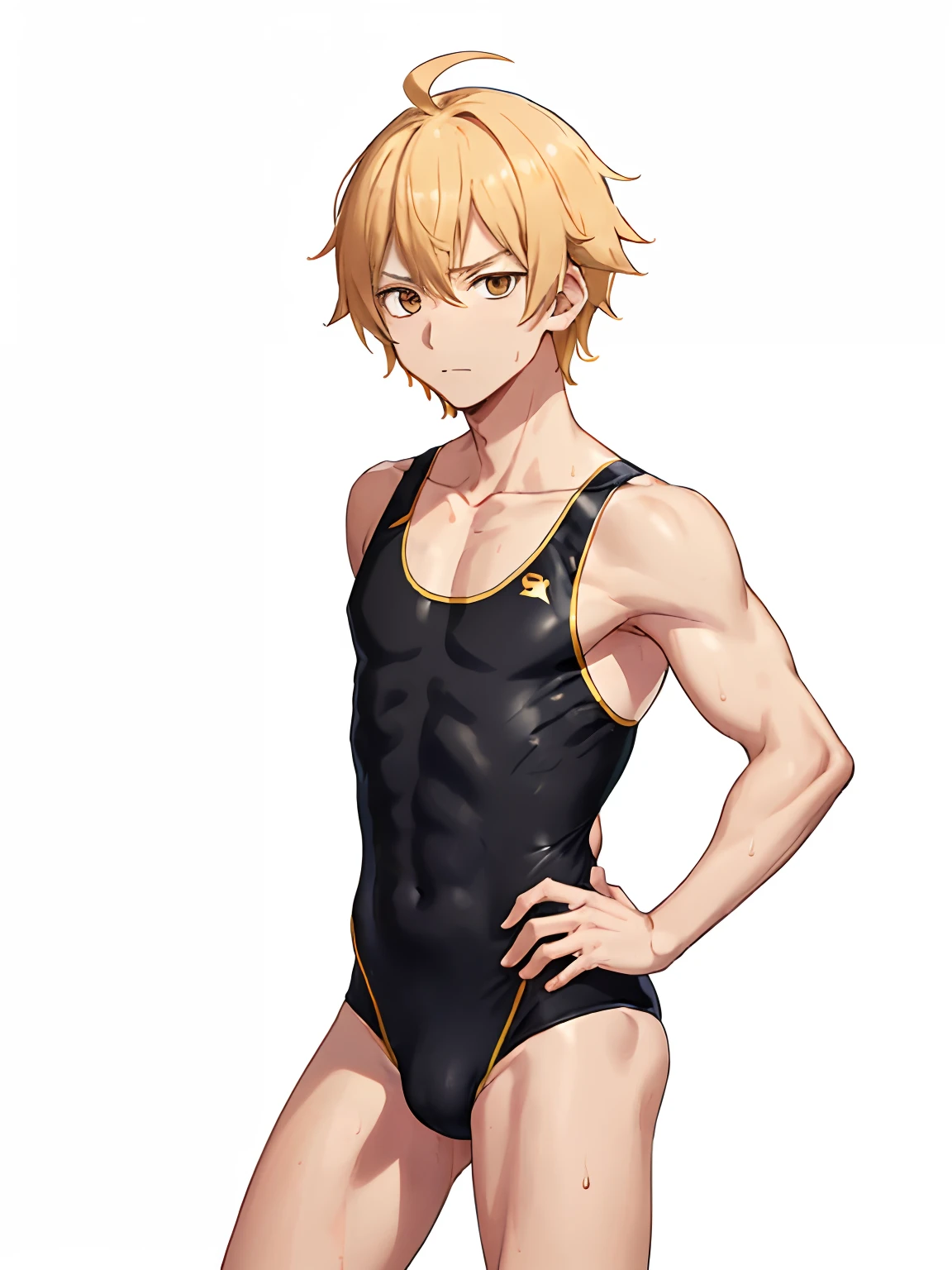 Cartoon photo of man in swimsuit posing, Short blonde boy, Boy with Golden Eyes, garments:High-cut swimwear, In a one-piece swimsuit, wearing a swimming wear, Competitive swimsuit, Wearing swimwear, Wet swimsuit, Ahoge, Cool anime boy in black and gold tanksuit, highleg, Swimsuit, aya takano color style,