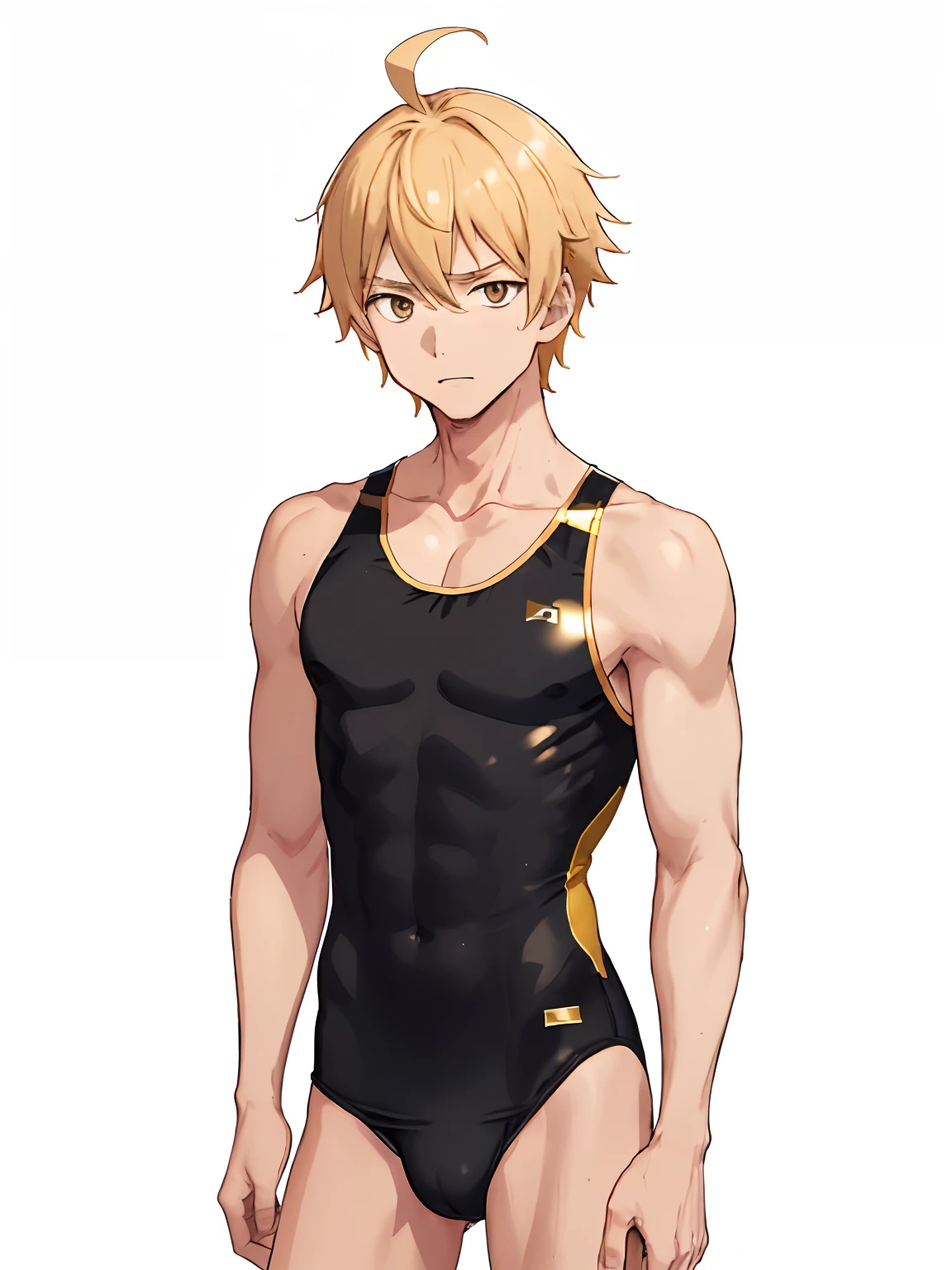 Cartoon photo of man in swimsuit posing, Short blonde boy, Boy with Golden Eyes, garments:High-cut swimwear, In a one-piece swimsuit, wearing a swimming wear, Competitive swimsuit, Wearing swimwear, Wet swimsuit, Ahoge, Cool anime boy in black and gold tanksuit, highleg, Swimsuit, aya takano color style,