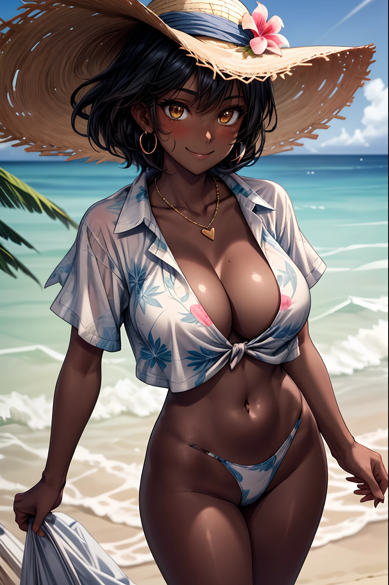 1girl, solo, an anime girl wearing a hat on the beach in Hawaii, smile, breasts, jewelry, solo, hat, looking at viewer, aloha shirt, short sleeve, (heart shaped:1.2), earrings, cleavage, flower, necklace, sun hat, straw hat, cowboy shot, BlackGirl, very dark skin, dark-skinned female, nsfw