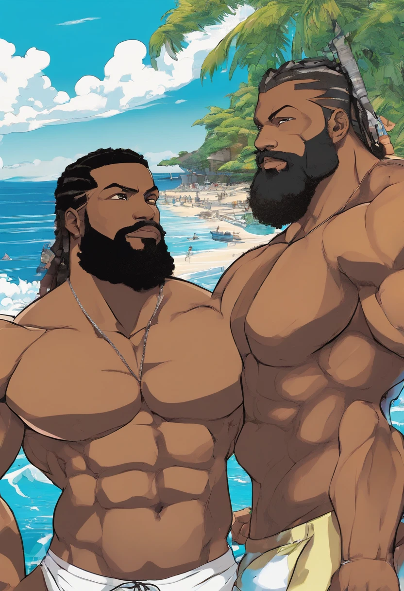 (((2heads))), muscle man, Black, African American, big pecs, big biceps, full body, beach background, no shirt, big bulge, speedo, long beard, big thick beard, hyper real