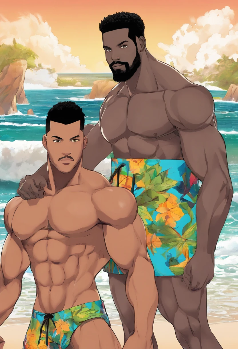 (((2heads))), muscle man, Black, African American, big pecs, big biceps, full body, beach background, no shirt, big bulge, speedo, long beard, big thick beard, hyper real