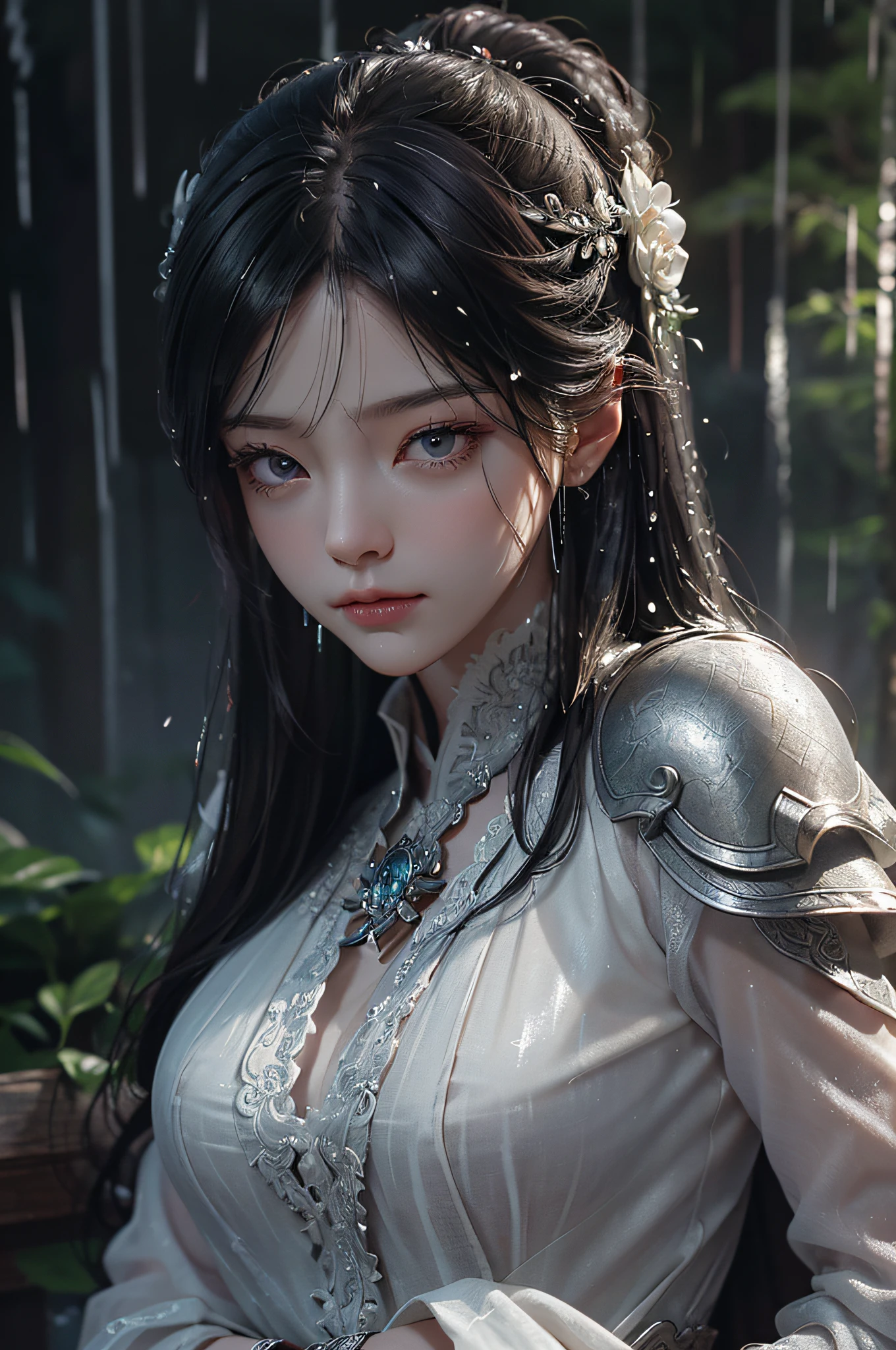 Close-up of a woman in a silver and white dress, chengwei pan on artstation, by Yang J, detailed fantasy art, Stunning character art, Fanart Meilleure ArtStation, epic exquisite character art, Beautiful armor, Extremely detailed Artgerm, Detailed digital anime art, Artgerm on ArtStation Pixiv, Armour(Masterpiece:1.2, Best quality), (Real picture, Intricate details), (during night, Dark, heavy rain poured:1.4) In the forest, the surroundings were silent, Only raindrops hit the trees, Near and far;, making a slight rustling sound. In the cold rain, (1girll, Sad, Perfect eyes:1.2) are standing,Fold your arms over your chest,8K