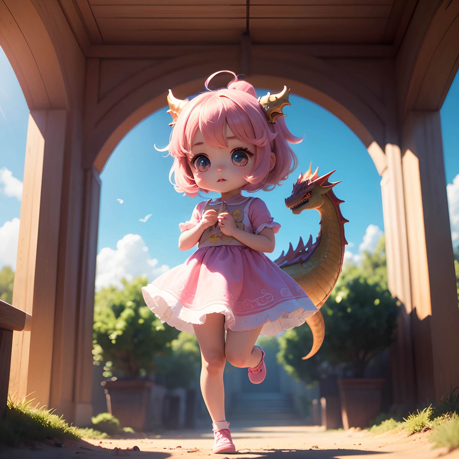 (Best Quality), (masutepiece), Charming chibi animation of cute baby with pink dragon-like face, (Chibi 3D): 1.3, (A detailed face:1.2), (Standing posture:1.1), Deep blue sky of morning sun,Jumping、fire-breathing