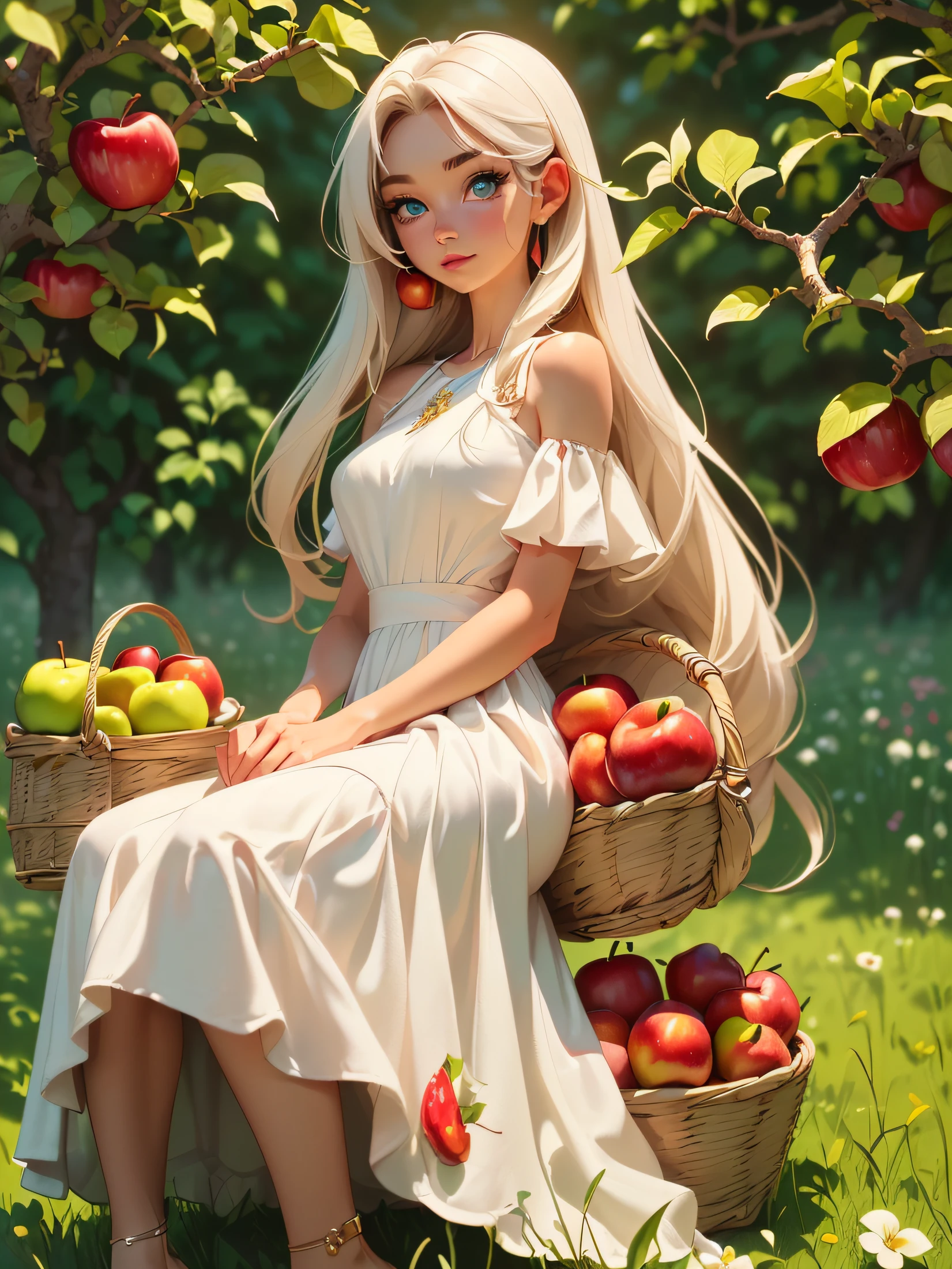 ((a close body portrait of a cute beautiful girl)), ((sitting under an apple tree with a basket of apples)), ((she wears a white long dress)), ((white long straight hair and blue eyes)), ((the area is filled with green grasses, flowers, and apple fruits)), capture her beauty and the scene in an attractive scene, high quality, best quality, best lighting effects, 8K, HD