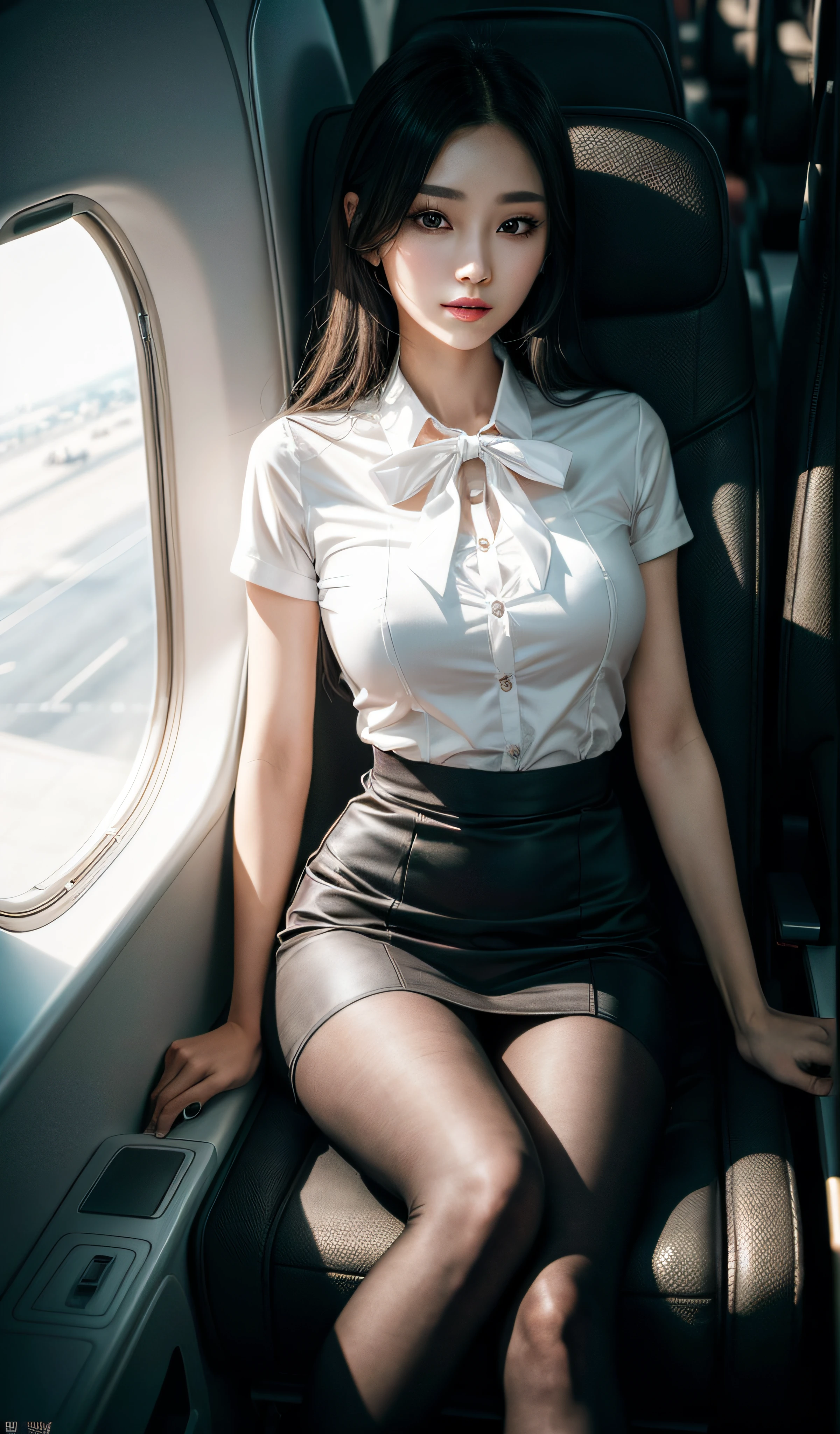 Sexy woman in stewardess uniform、ukranian、Ukrainian goddess、jaw-dropping beauty、Wearing surreal pantyhose、Sit cross-legged on the plane.....................、A Smile、high-heel、gaming_NFFSW (english) (english) (english) (english) (english) (english) (english) (english) (english) (english) (english) (english) (english) (english) (english) (english) (english) (english) (english) (english) (english) (english), masutepiece, Best Quality, Photorealcitic, Raw foto、8K, high resolucion, Detailed skins, 8K UHD, Digital SLRs, Soft lighting, High Quality, film grain, FUJIFILM XT3, Realistic Skin Textures、shinny skin、exposed thighs!!!