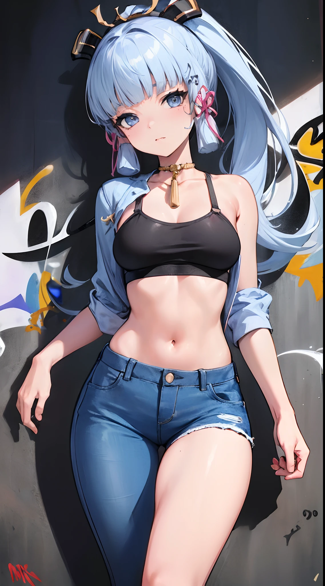 kamisato ayaka|genshin impact, master-piece, bestquality, 1girls,25 years old, proportional body, elongated legs, Beautiful, proportional., crop top, Long Jeans, mediuml breasts, ,bara, crop top, choker, (Graffiti:1.5), Splash with purple lightning pattern., arm behind back, against wall, View viewers from the front., Thigh strap, Head tilt, bored,