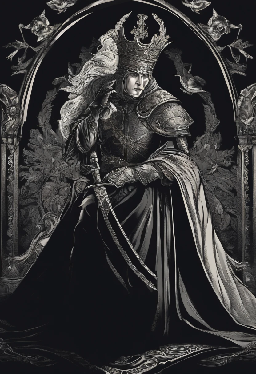 /imagine prompt: Judge illustration with sticker on black background,medieval times,The outline is bold, Jagged edges, Trash core, Light and Shadow - V 5.2