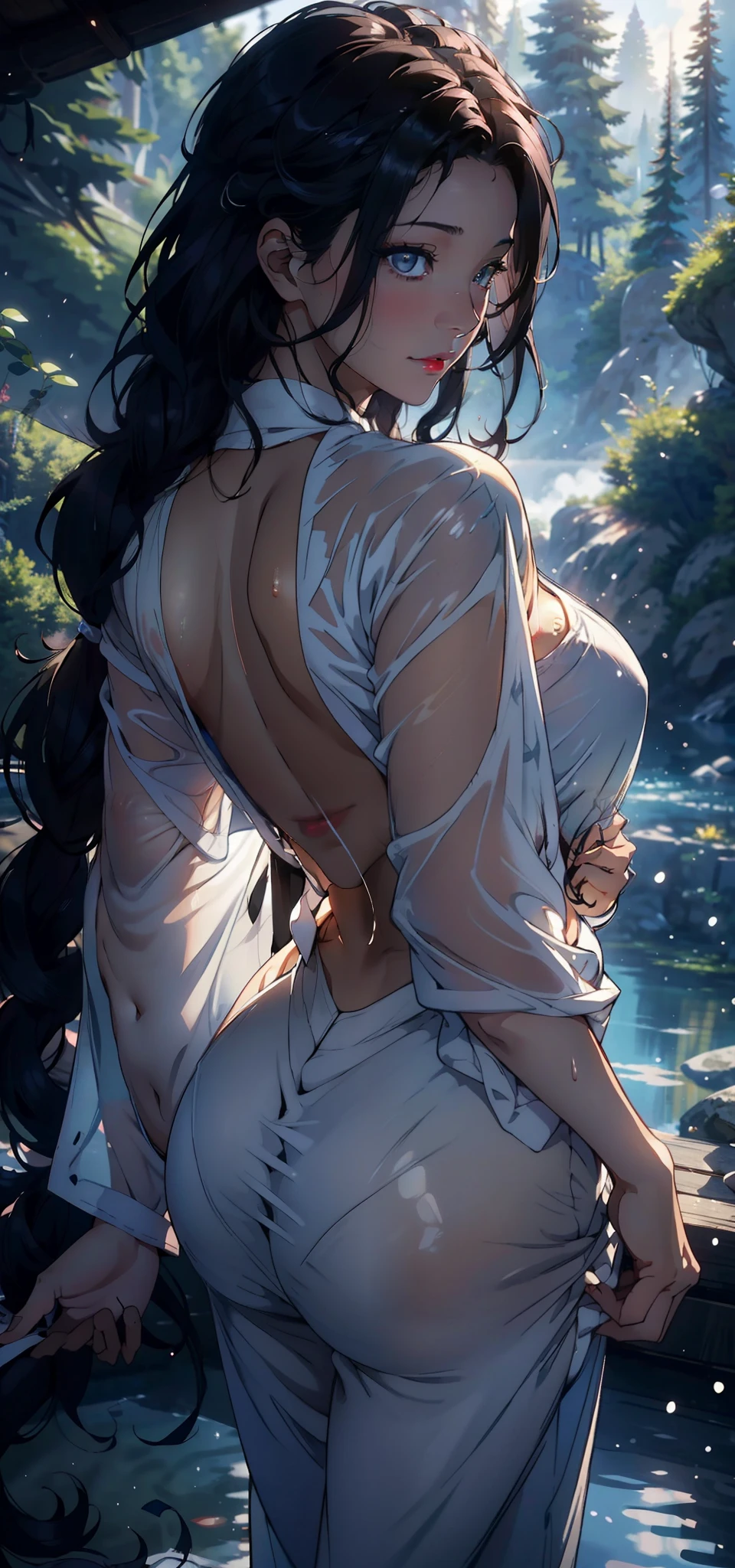 1female，36 years old，A MILF，Large breasts， 独奏，Pornographic exposure（Background with：coniferous forest，in summer，Water on the ground）  with his long black hair， Snow-white skin，standing in a pond，legs are open，From the front side， curlies， mostly cloudy sky，（（（tmasterpiece），（Very detailed CG unity 8K wallpaper），best qualtiy，cinmatic lighting，detailed back ground，beatiful detailed eyes，Bright pupils，（Very fine and beautiful），（Beautiful and detailed eye description），ultra - detailed，tmasterpiece，））Redlip，facing at camera，A high resolution，ultra - detailed），Flushed complexion，Desire for dissatisfaction，Married Woman，nakeness，White transparent pajamas，Bare breasts，Bare genitalia