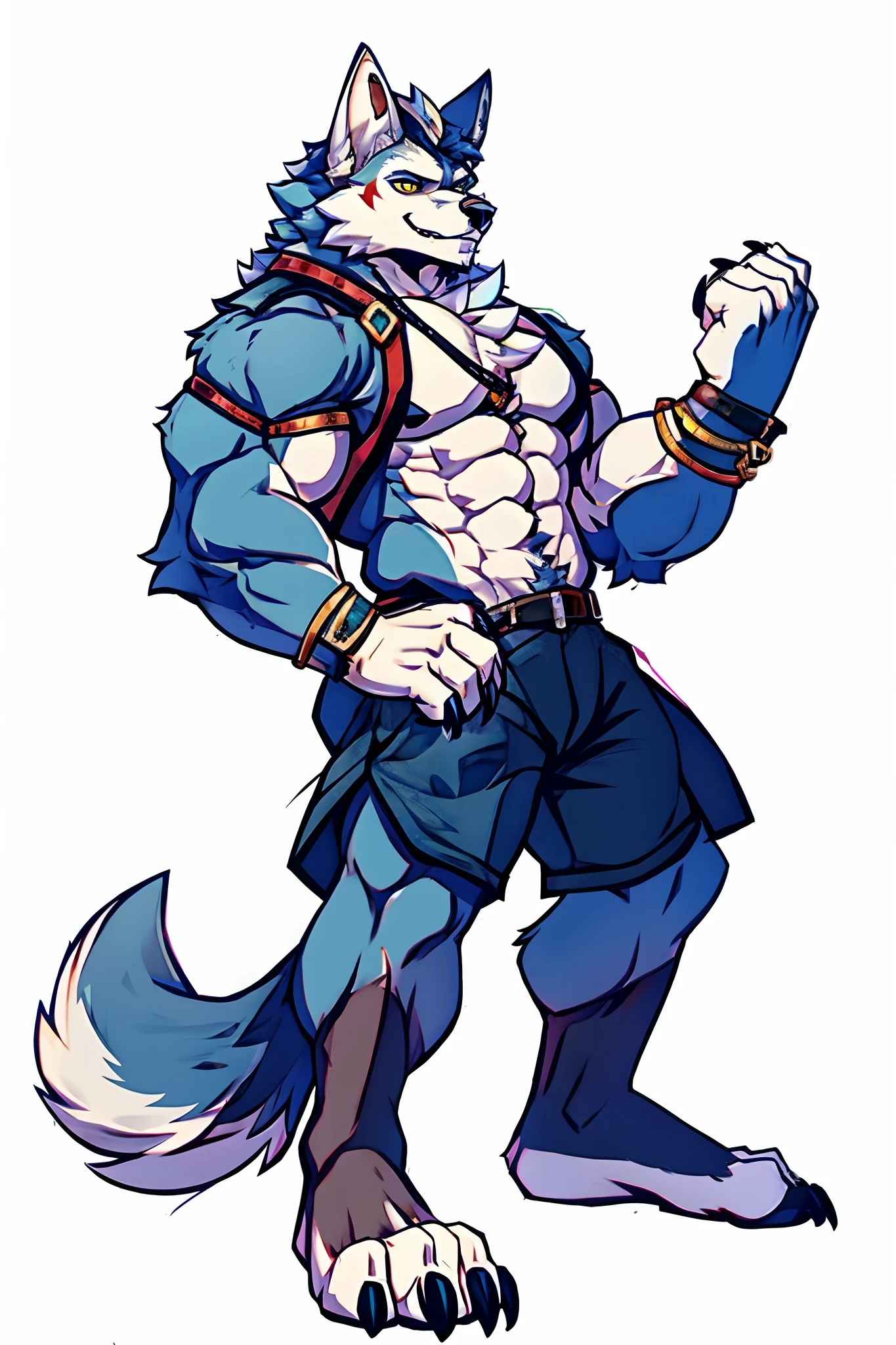 Human-wolf，musculous，Hairy all over，clawed paws，erect through
