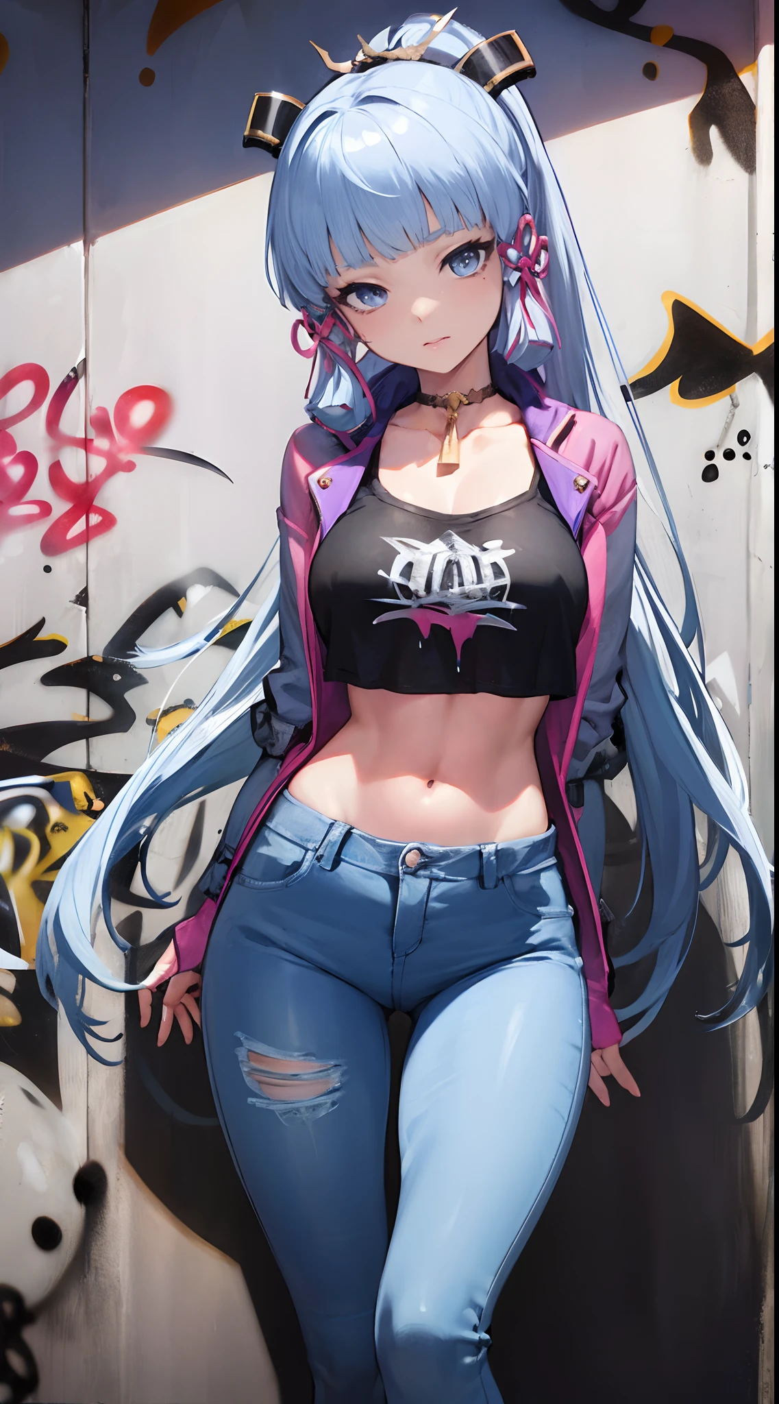 kamisato ayaka|genshin impact, master-piece, bestquality, 1girls,25 years old, proportional body, elongated legs, Beautiful, proportional., crop top, Long Jeans, mediuml breasts, ,bara, crop top, choker, (Graffiti:1.5), Splash with purple lightning pattern., arm behind back, against wall, View viewers from the front., Thigh strap, Head tilt, bored,