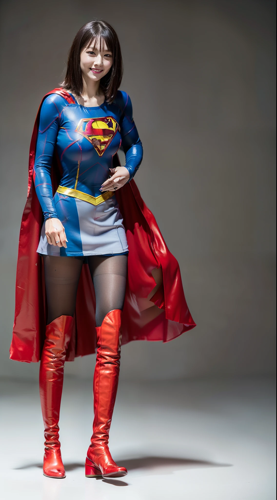 (((Make the most of the original image)))、(((Supergirl Costume)))、(((shiny short hair)))、(((Suffering)))、(((Feet must necessarily be worn with black tights)))、(((Smile)))、(((You need to wear red boots)))、((Top image quality、8K))、((top-quality、8K、masterpiece:1.3))、(((Keep your background simple)))、Crisp focus:1.2、Beautiful woman with perfect body shape:1.4、Slender Abs:1.2、((layers-Cut、large boob:1.2))、a wet body:1.5、Highly detailed facial and skin texture、