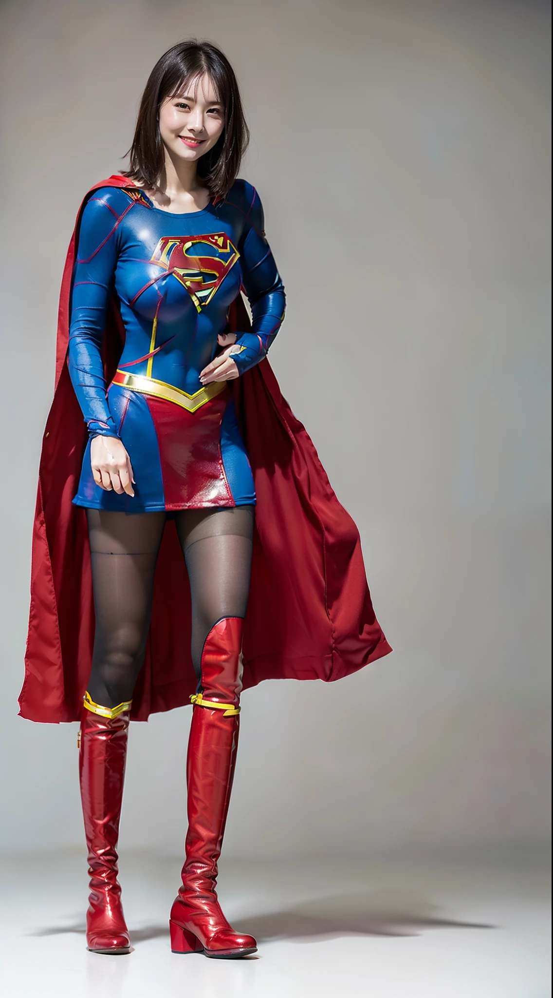 (((Make the most of the original image)))、(((Supergirl Costume)))、(((shiny short hair)))、(((Suffering)))、(((Feet must necessarily be worn with black tights)))、(((Smile)))、(((You need to wear red boots)))、((Top image quality、8K))、((top-quality、8K、masterpiece:1.3))、(((Keep your background simple)))、Crisp focus:1.2、Beautiful woman with perfect body shape:1.4、Slender Abs:1.2、((layers-Cut、large boob:1.2))、a wet body:1.5、Highly detailed facial and skin texture、