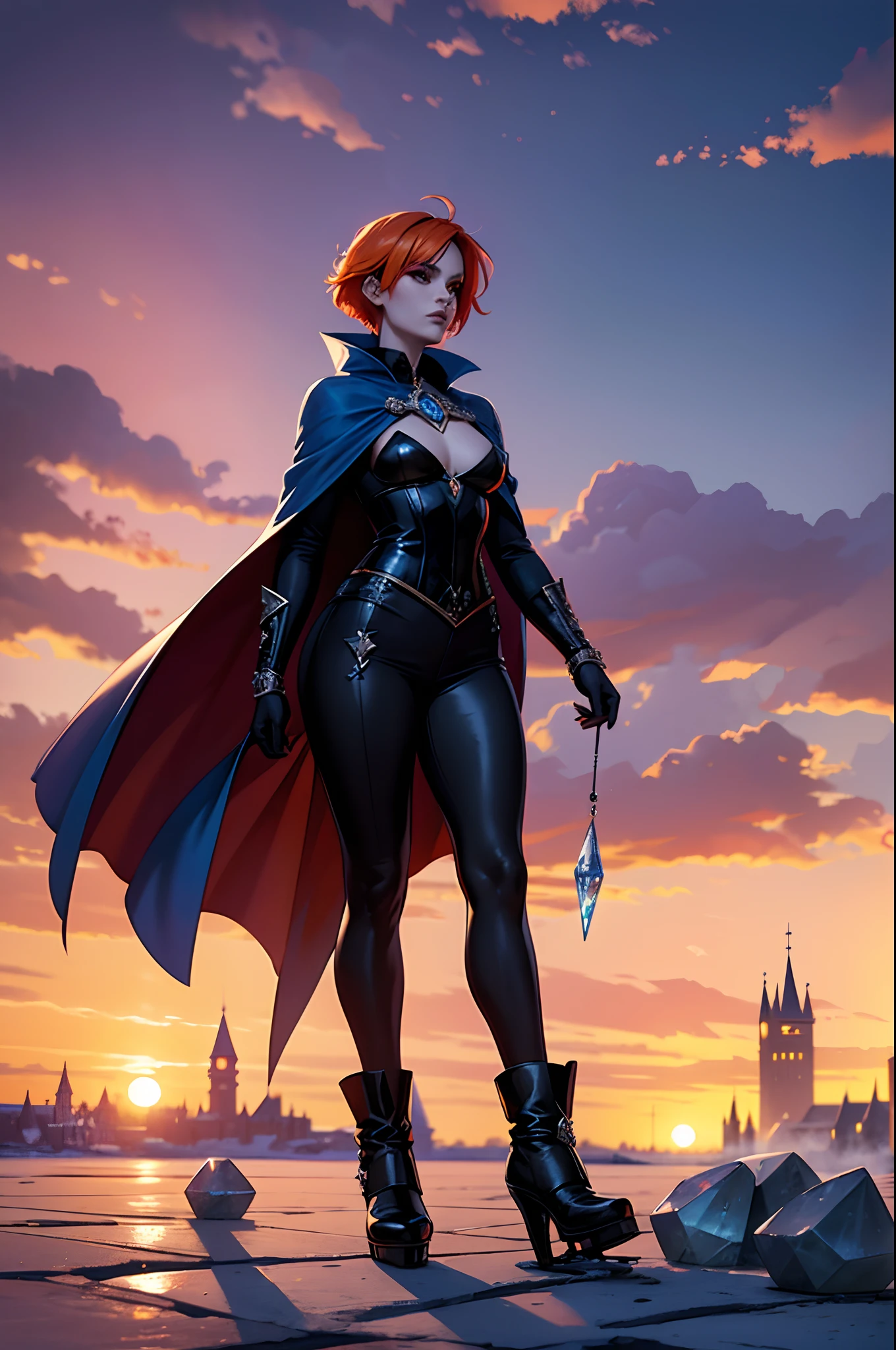 A goth female magician character with short orange hair on the ice training ground, azul gelo, Castle with crystal and ice details well detailed with beautiful mirrors and the sunset, 8k, Magnificent, Fluttering cape walking.
