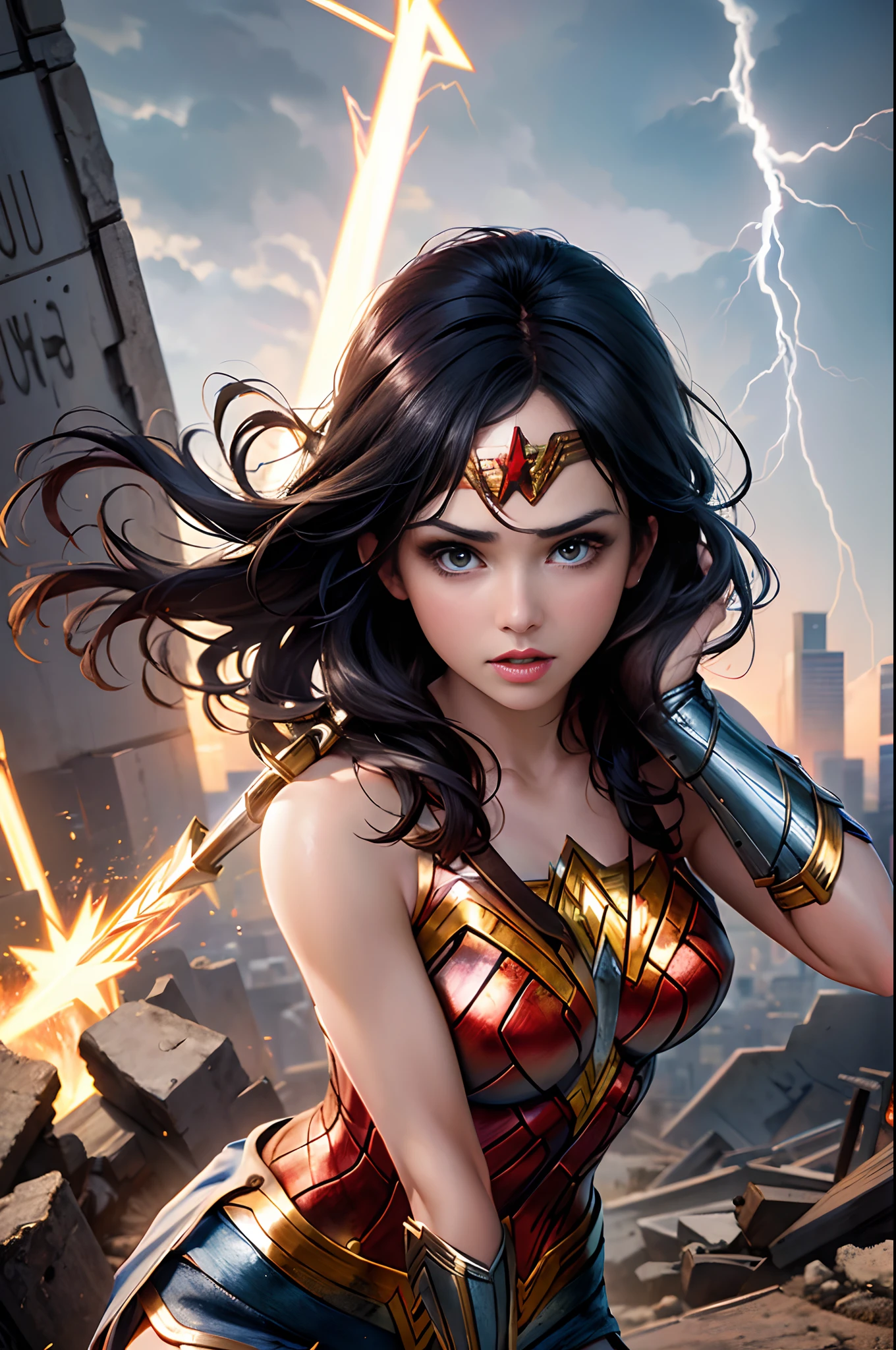 top-quality, masterpiece, Detailed illustration images, High-density images, Photorealsitic, American Movies, Wonder woman, background is a city in ruins, (Flash from above, Intense lightning, Dynamic movement),Realistic skin type, A detailed face