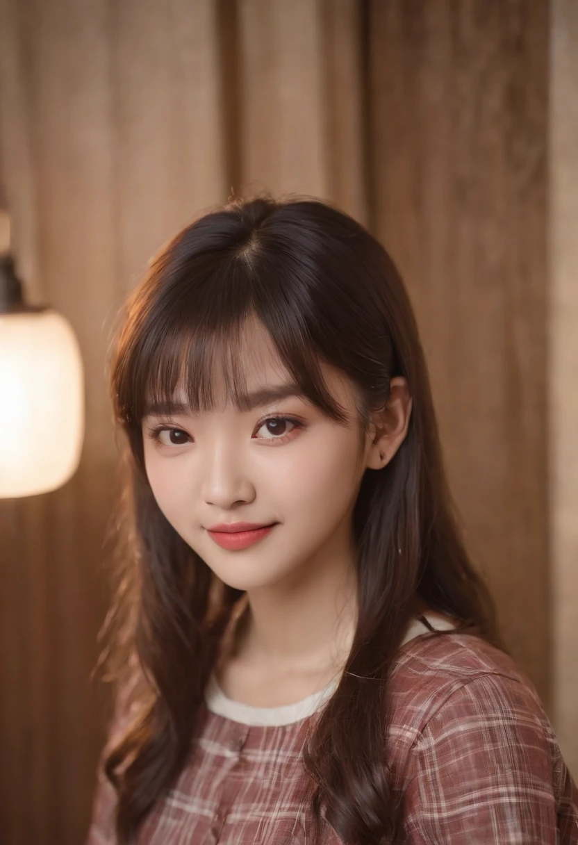 top-quality, Photorealsitic, masterpiece, 8K, Hi-Res, 独奏, 1girl, (((infp young woman))),sixteen years old、full bodyesbian、(small tits), ((Look at viewers)), (look at a camera), ((Various hairstyles close to long))、Perfect straight black hair、((With bangs))、 (profetional lighting), Highly detailed bright face、Gentle Japan girl、Nice smiling face、Red T-shirt(long-sleeve)、Checked pleated skirt、Standing in the room