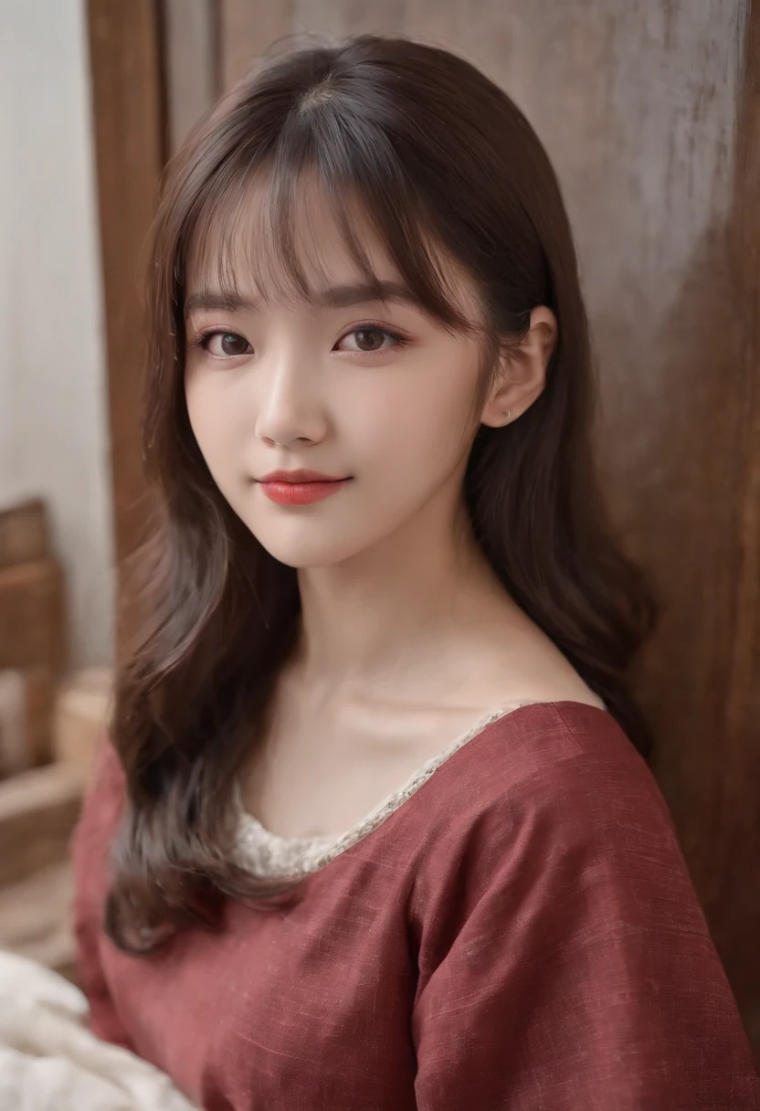 top-quality, Photorealsitic, ​masterpiece, 8K, Hi-Res, 独奏, 1girl, (((infp young woman))),sixteen years old、full bodyesbian、(small tits), ((Look at viewers)), (look at a camera), ((Various hairstyles close to long)）、Perfect straight black hair、((With bangs))、 (profetional lighting), Highly detailed bright face、Gentle Japan girl、Nice smiling face、Red T-shirt（long-sleeve）、Checked pleated skirt、Standing in the room