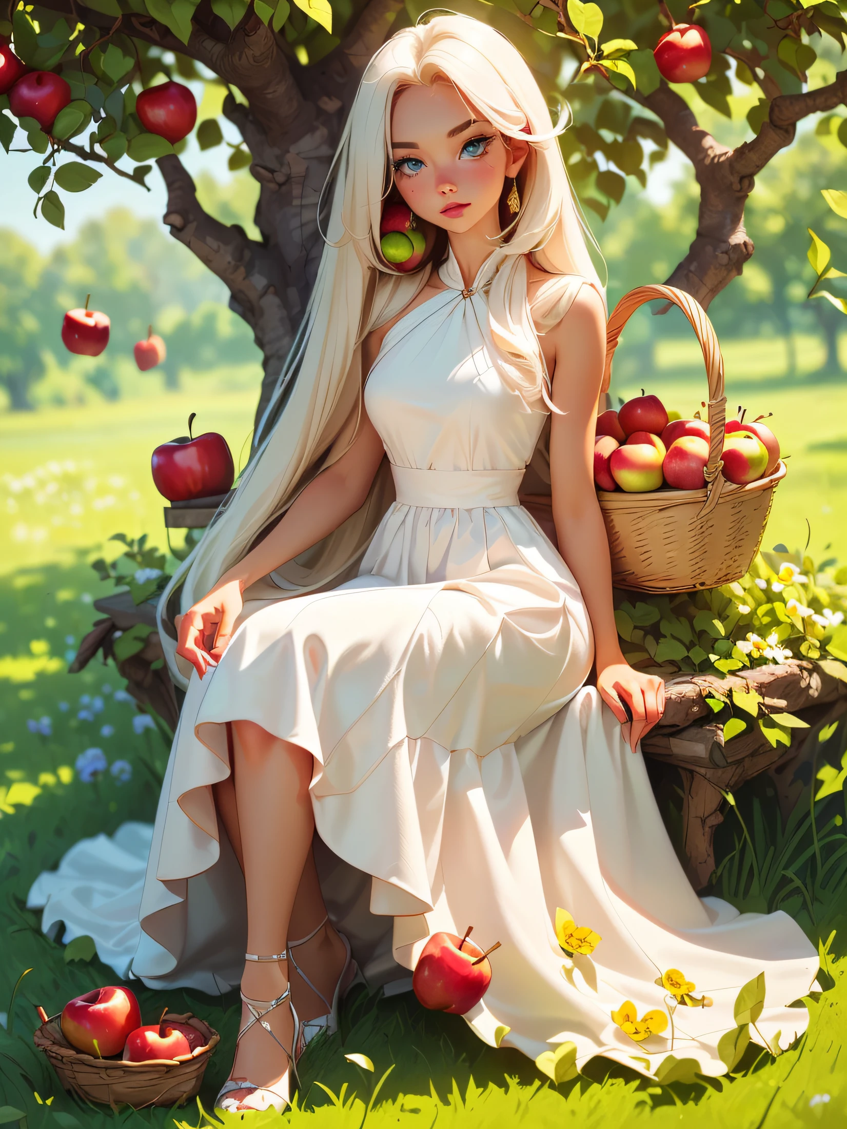 ((a close body portrait of a cute beautiful girl)), ((sitting under an apple tree with a basket of apples)), ((she wears a white long dress)), ((white long straight hair and blue eyes)), ((the area is filled with green grasses, flowers, and apple fruits)), capture her beauty and the scene in an attractive scene, high quality, best quality, best lighting effects, 8K, HD