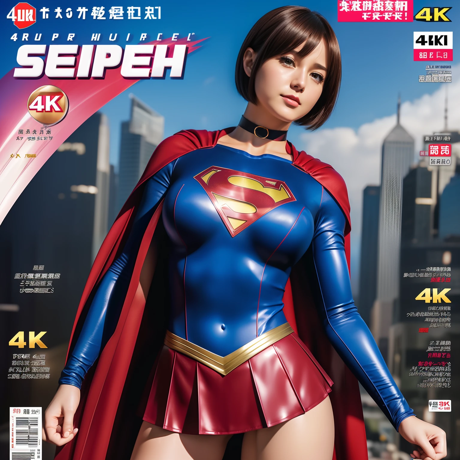 (Best Quality,4K,8K,hight resolution,masutepiece:1.2),Ultra-detailed,Realistic:1.37,Super masterpiece,Short-haired Supergirl、large full breasts、Looking at the camera、Glossy costume、a choker、Too short miniskirt、Magazine covers、Comic magazines、comic strip
