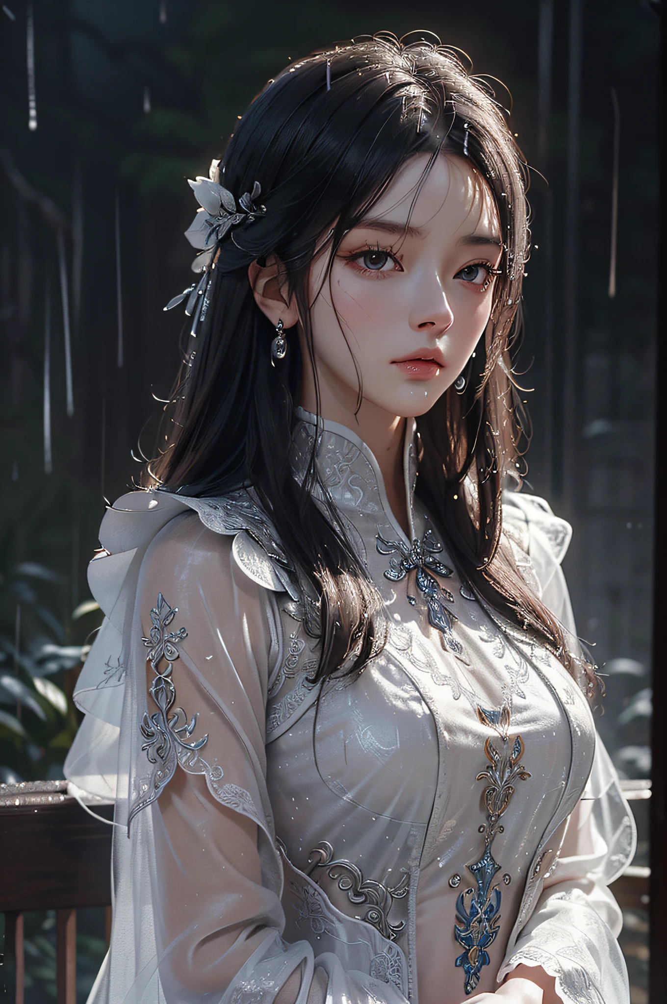 Close-up of a woman in a silver and white dress, chengwei pan on artstation, by Yang J, detailed fantasy art, Stunning character art, Fanart Meilleure ArtStation, epic exquisite character art, Beautiful armor, Extremely detailed Artgerm, Detailed digital anime art, Artgerm on ArtStation Pixiv, Armour(Masterpiece:1.2, Best quality), (Real picture, Intricate details), (during night, Dark, heavy rain poured:1.4) In the forest, the surroundings were silent, Only raindrops hit the trees, Near and far;, making a slight rustling sound. In the cold rain, (1girll, Sad, Perfect eyes:1.2) are standing,Fold your arms over your chest,8K