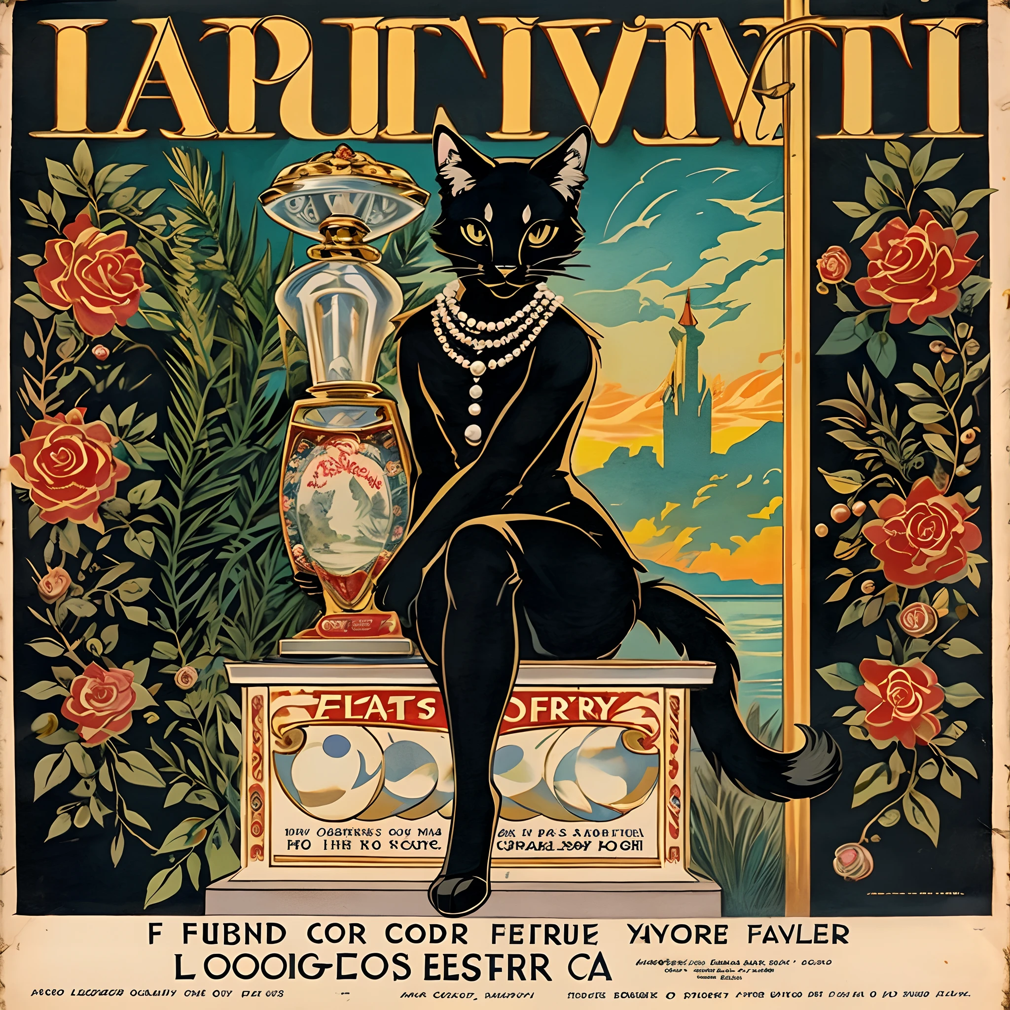 vector art, arafed black cat sitting on a pedestal with a pearl necklace, elegant cat, 1920s advert, 1960s advertisement, luxury advertisement, magazine advertisement, 1960s perfume bottle ads,