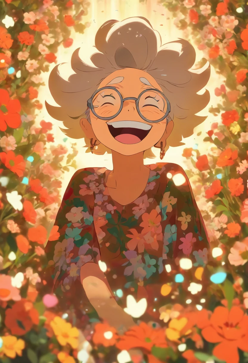 Grandmother with small eyes in the shadow of glasses,Laugh happily,The back is surrounded by many flowers
