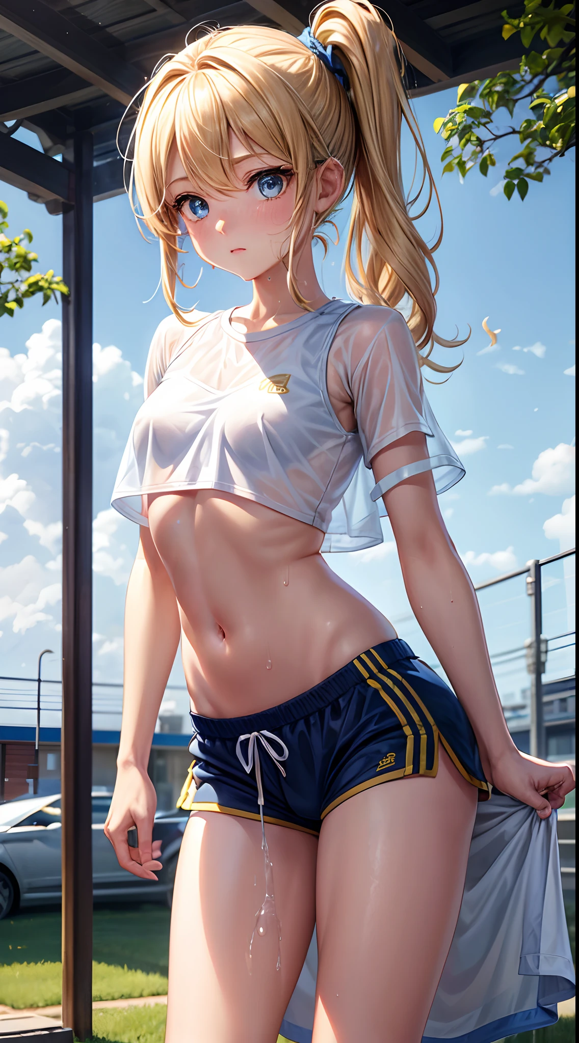 femele,1Child 0 years old,Golden head hair,sports wear,White Sports Bra,shortpants,Side Up Ponytail,Blue eyes,through,Mansuji, are see-through,small tits,Leaking pee,The crotch is wet,SheerTThe shirt