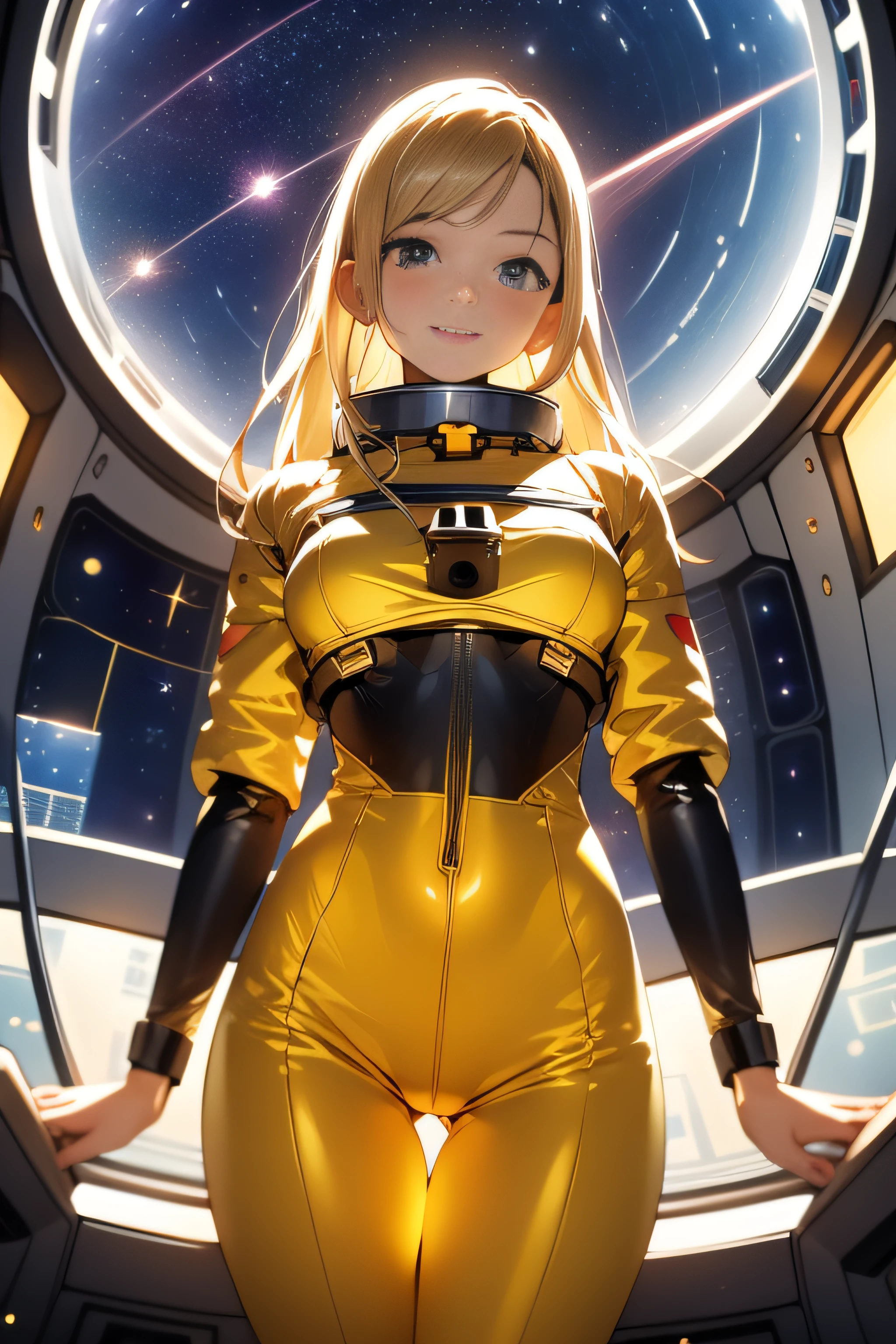 (masterpiece, best quality:1.2), (cowboy shot:1.1), solo, 1girl, mori yuki, slight smile, closed mouth, looking at viewer, blonde hair, thigh gap, yellow bodysuit, skin-tight, perfect body, belt, large window, (starship porthole:1.3), from front, (spread legs:1.3), (standing:1.1), thigh gap, perfect hands, bright starship interior, (outer space view:1.1), (orbital view:1.3), (night, stary sky:1.5), milky way