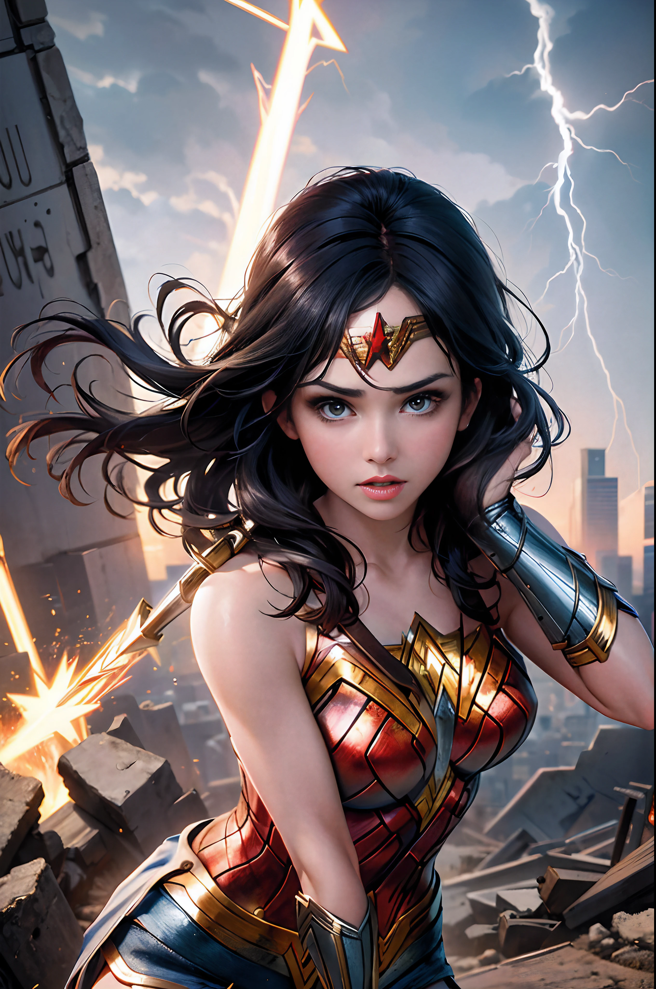 top-quality, masterpiece, Detailed illustration images, High-density images, Photorealsitic, American Movies, Wonder woman, background is a city in ruins, (Flash from above, Intense lightning, Dynamic movement),Realistic skin type, A detailed face