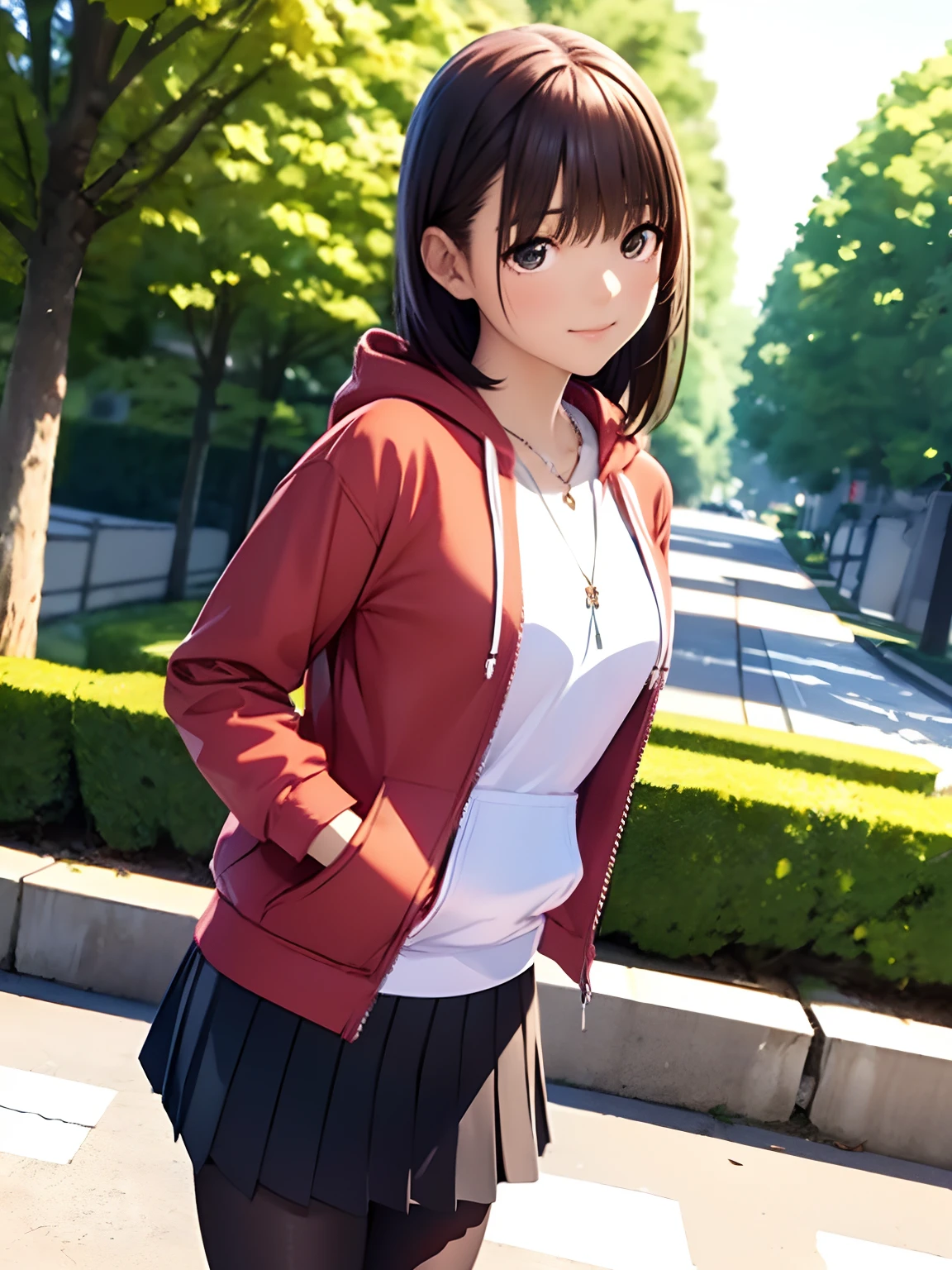 hight resolution,8K,Best Quality,detaileds,semi - realistic anime,Anime 3D Style,Smooth Anime CG,1 girl in,20 year old woman in Japan,slim,modeled,shiny chestnut hair,Medium Hair,Detailed face,Beautiful and detailed eyes,Glowing skin,((Oversized red hoodie)),((Open jacket)),((Brown skirt)),((Black tights)),,a necklace,Autumn twilight,Park of autumn leaves,Maple leaves flutter,Blurry background,portlate,randome pose,Angle from the side