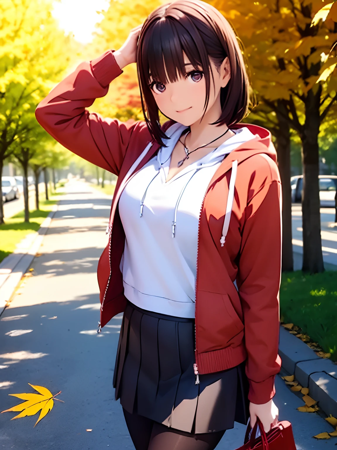 hight resolution,8K,Best Quality,detaileds,semi - realistic anime,Anime 3D Style,Smooth Anime CG,1 girl in,20 year old woman in Japan,slim,modeled,shiny chestnut hair,Medium Hair,Detailed face,Beautiful and detailed eyes,Glowing skin,((Oversized red hoodie)),((Open jacket)),((Brown skirt)),((Black tights)),,a necklace,Autumn twilight,Park of autumn leaves,Maple leaves flutter,Blurry background,portlate,randome pose,Angle from the side