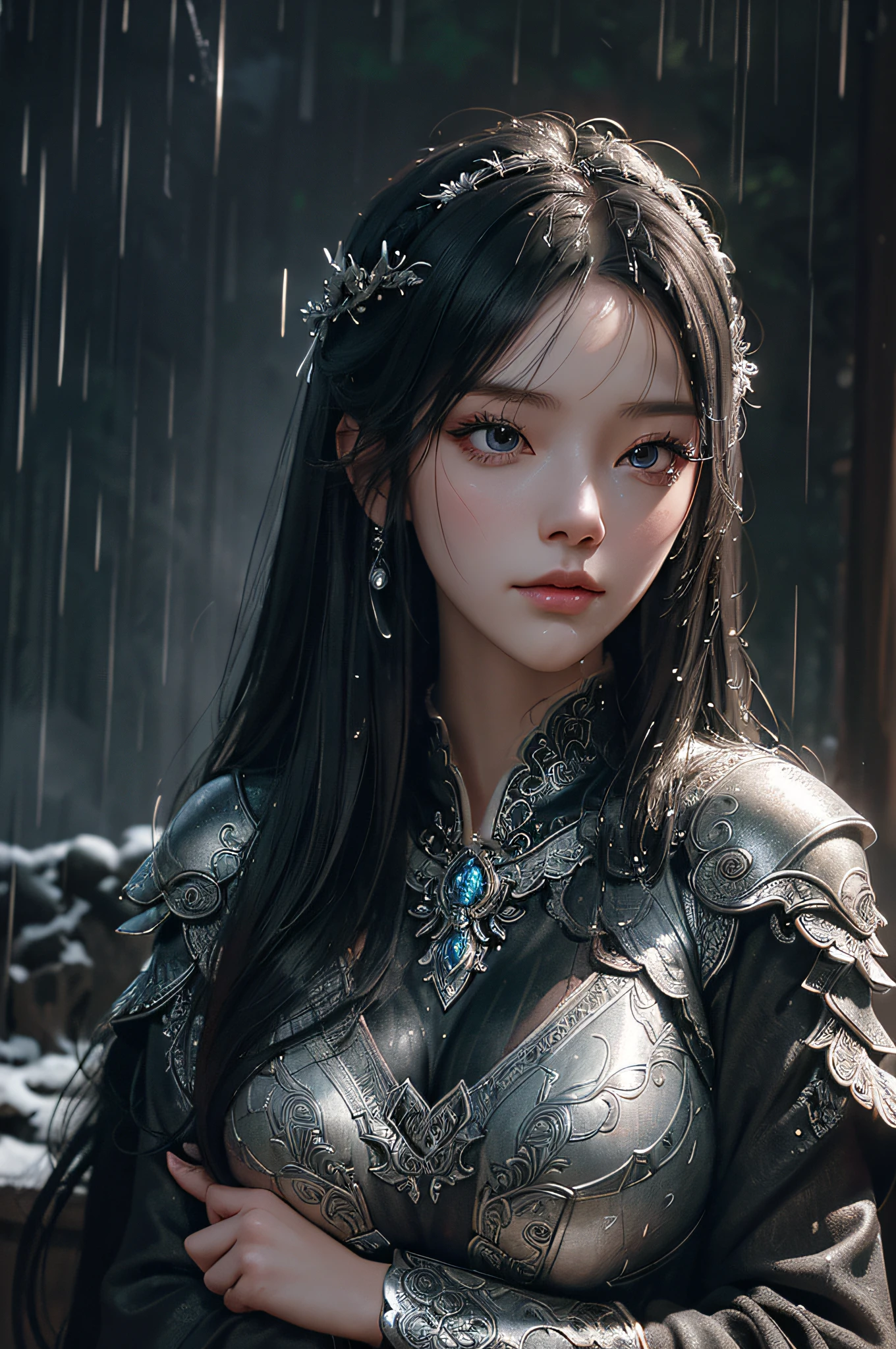 Close-up of a woman in a silver and black dress, chengwei pan on artstation, by Yang J, detailed fantasy art, Stunning character art, Fanart Meilleure ArtStation, epic exquisite  character art, Beautiful armor, Extremely detailed Artgerm, Detailed digital anime art, Artgerm on ArtStation Pixiv, Armour（Masterpiece:1.2, Best quality), (Real picture, Intricate details), (during night, Dark, heavy rain poured:1.4) In the forest, the surroundings were silent, Only raindrops hit the trees, Near and far;, making a slight rustling sound. In the cold rain, (1girll, Sad, Perfect eyes:1.2) are standing,Fold your arms over your chest，8K
