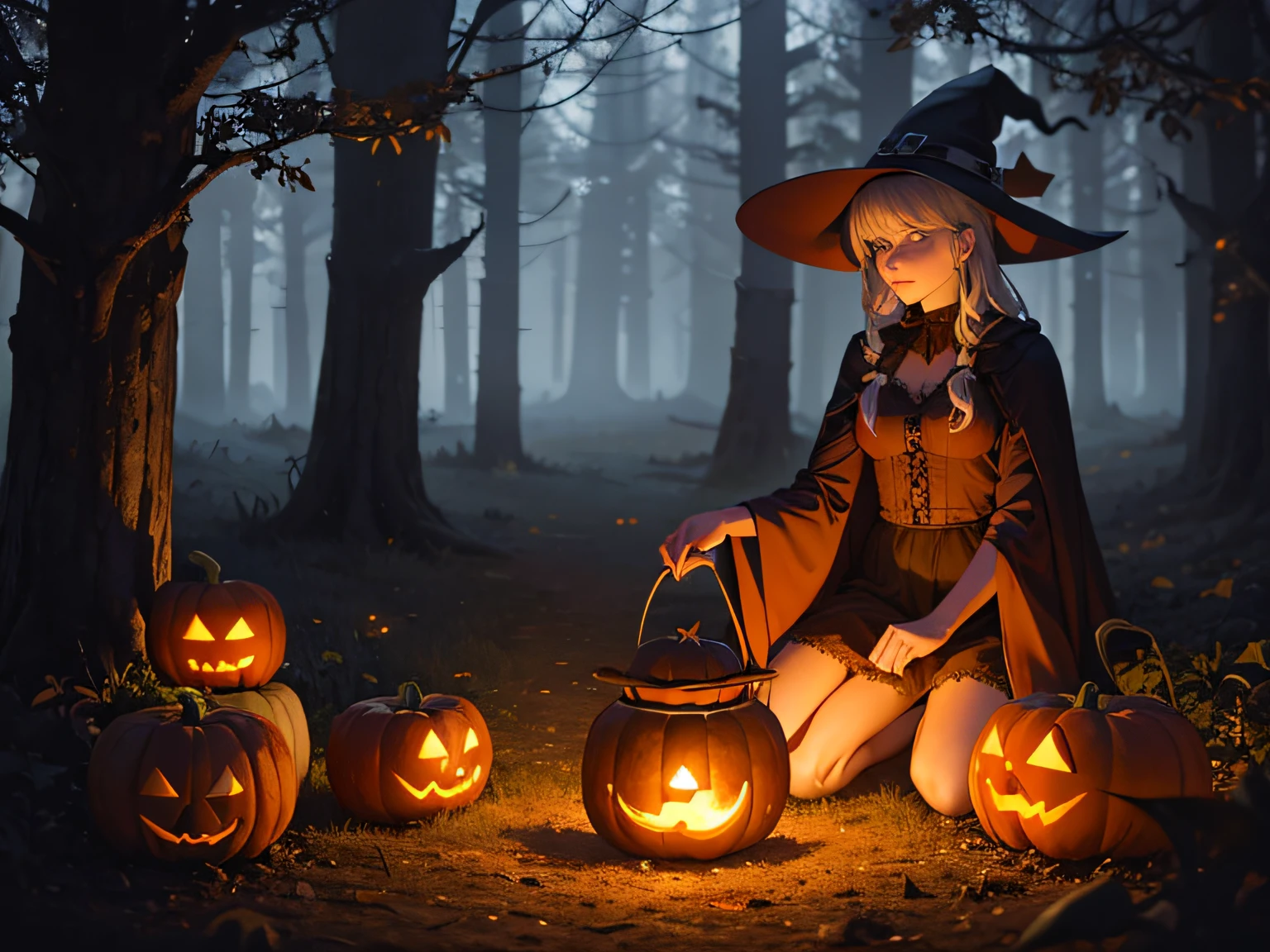 halloween scene, witches, pumpkins, jack o lanterns, eerie misty light coming into the forest,