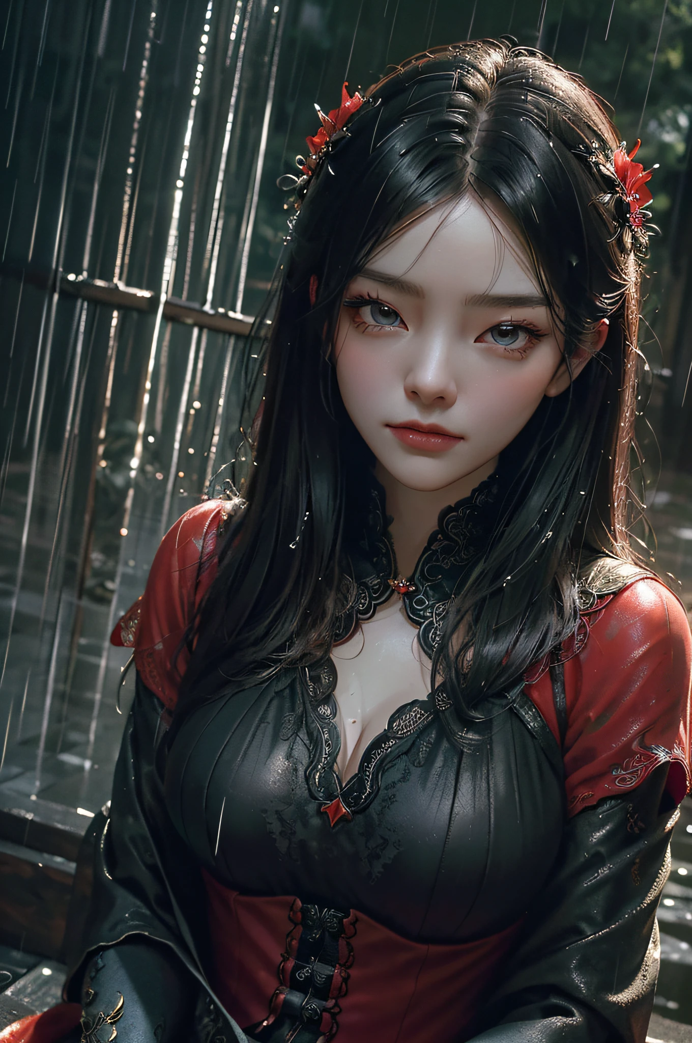 Close-up of a woman in a red and black dress, chengwei pan on artstation, by Yang J, detailed fantasy art, Stunning character art, Fanart Meilleure ArtStation, epic exquisite  character art, Beautiful armor, Extremely detailed Artgerm, Detailed digital anime art, Artgerm on ArtStation Pixiv, Armour（Masterpiece:1.2, Best quality), (Real picture, Intricate details), (during night, Dark, heavy rain poured:1.4) In the forest, the surroundings were silent, Only raindrops hit the trees, Near and far;, making a slight rustling sound. In the cold rain, (1girll, Sad, Perfect eyes:1.2) are standing,Fold your arms over your chest，8K