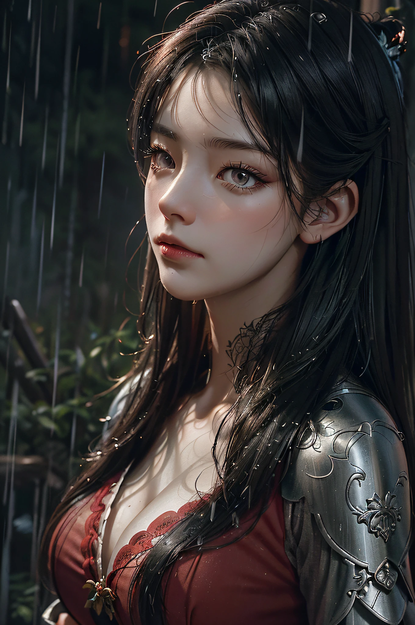 Close-up of a woman in a red and black dress, chengwei pan on artstation, by Yang J, detailed fantasy art, Stunning character art, Fanart Meilleure ArtStation, epic exquisite character art, Beautiful armor, Extremely detailed Artgerm, Detailed digital anime art, Artgerm on ArtStation Pixiv, Armour(Masterpiece:1.2, Best quality), (Real picture, Intricate details), (during night, Dark, heavy rain poured:1.4) In the forest, the surroundings were silent, Only raindrops hit the trees, Near and far;, making a slight rustling sound. In the cold rain, (1girll, Sad, Perfect eyes:1.2) are standing,Fold your arms over your chest,8K
