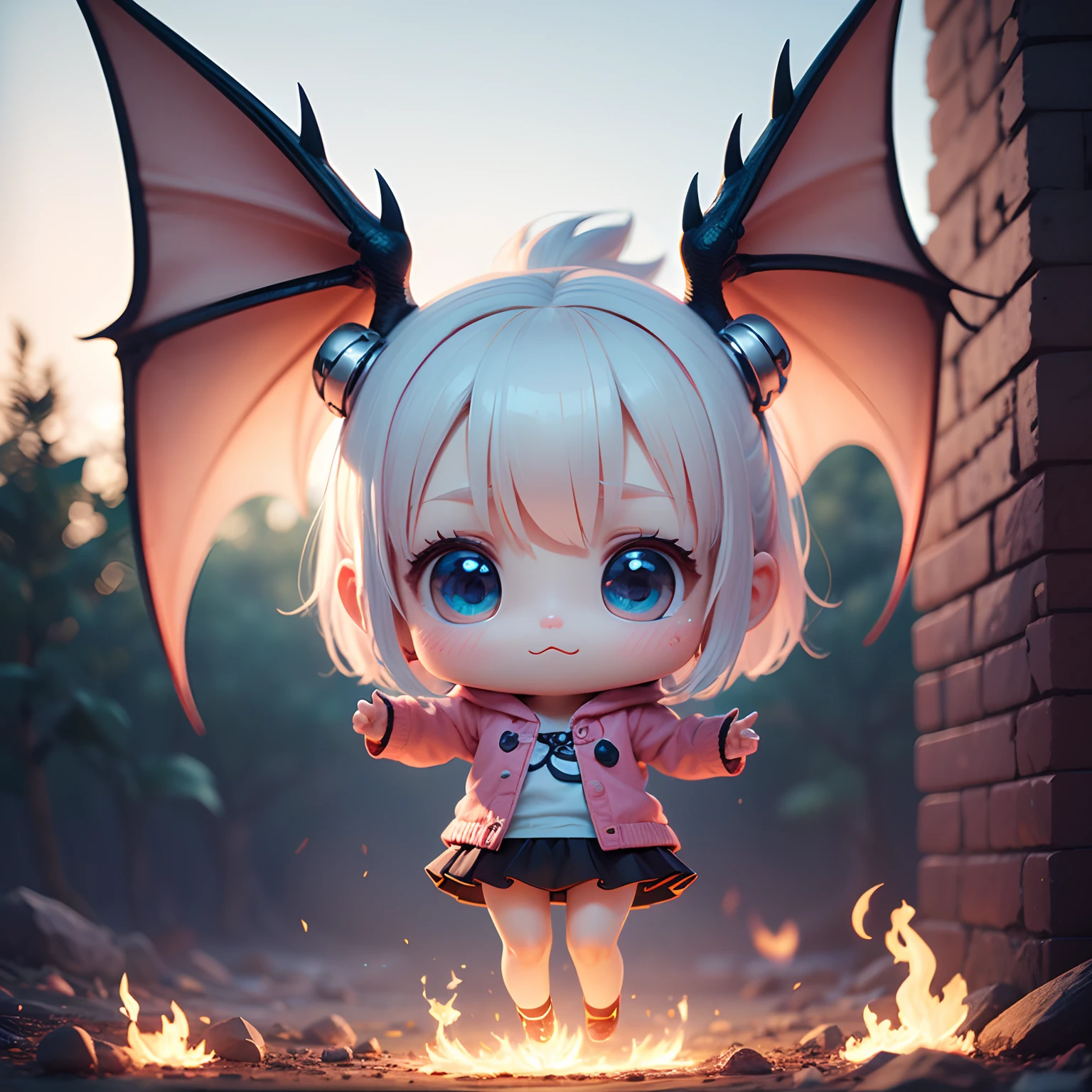 (Best Quality), (masutepiece), Charming chibi animation of cute baby with dragon-like face, (Chibi 3D): 1.3, (A detailed face:1.2), (Standing posture:1.1),pink there, Deep blue sky of morning sun,Jumping、fire-breathing