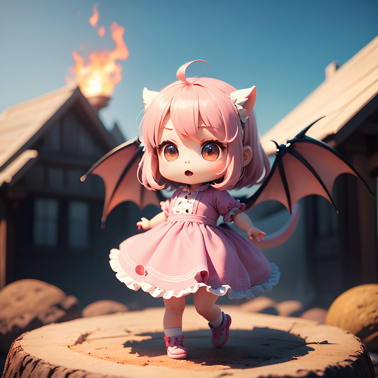 (Best Quality), (masutepiece), Charming chibi animation of cute baby with dragon-like face, (Chibi 3D): 1.3, (A detailed face:1.2), (Standing posture:1.1),pink there, Deep blue sky of morning sun,Jumping、fire-breathing