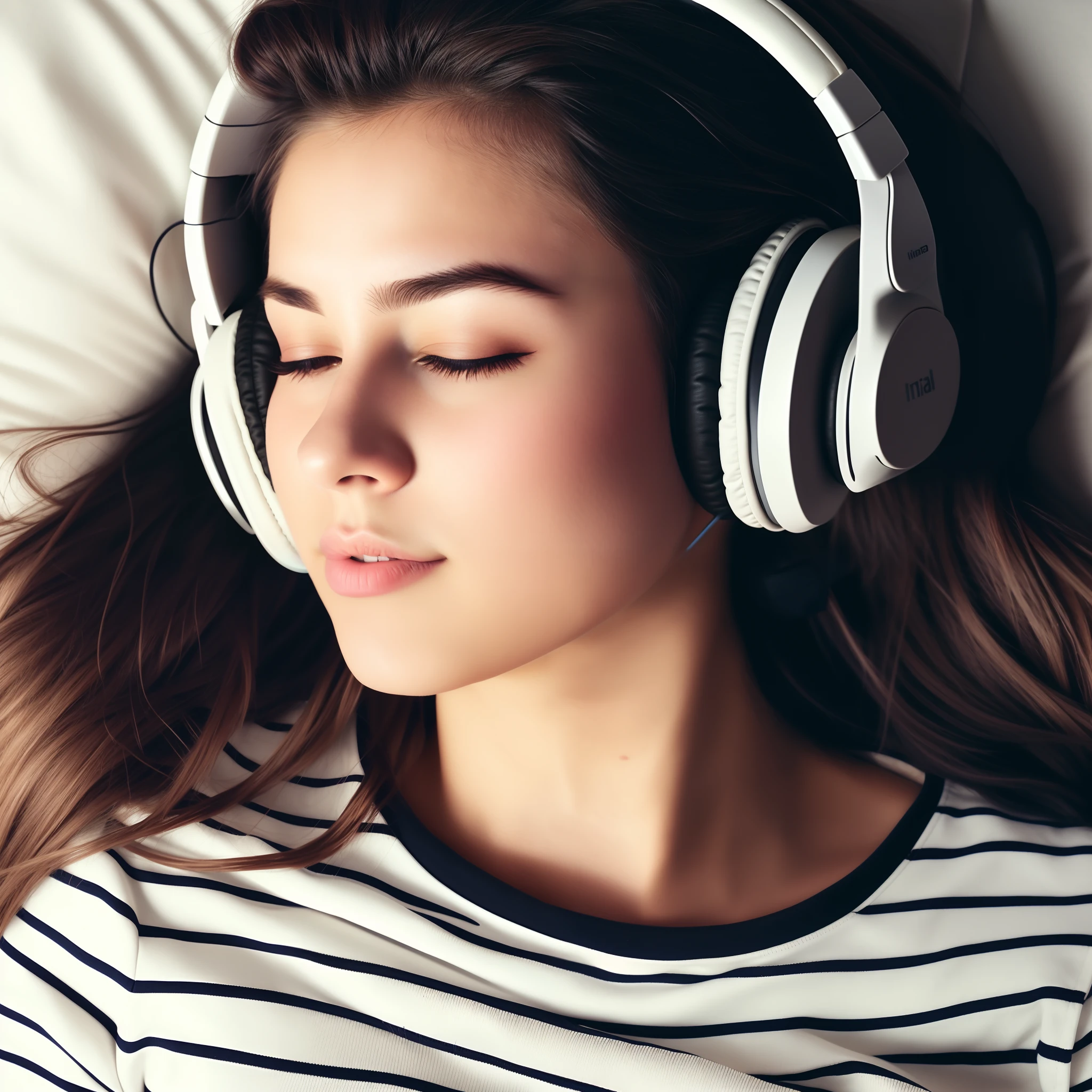 wikihow style . woman wearing headphones laying on a pillow with a pillow, charli bowater, portrait sophie mudd, charli xcx, sasha grey, with headphones, chilled out smirk on face, valentina remenar, with head phones, taken in the mid 2000s, wearing headphones, selfie of a young woman