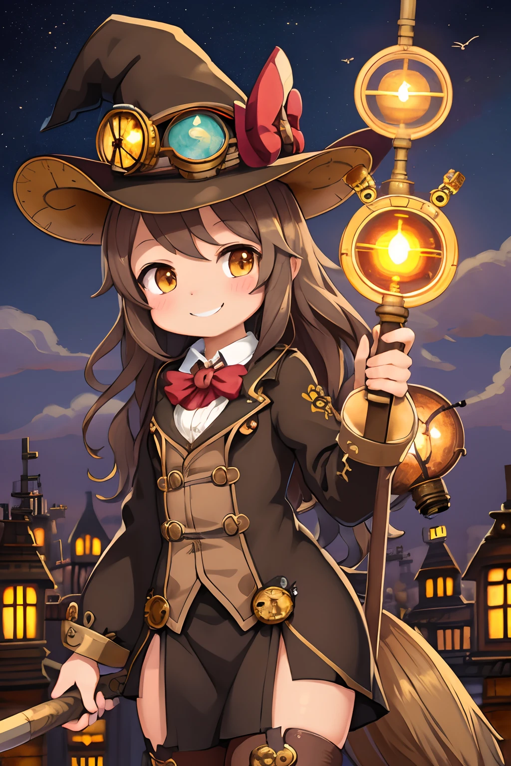 steampunkai。one girls。Cute girl s。Cute witch。Cheerful smile。long wavy brown ash hair。Fly in the daytime sky on a steampunk broom。The background is a steampunk cityscape。