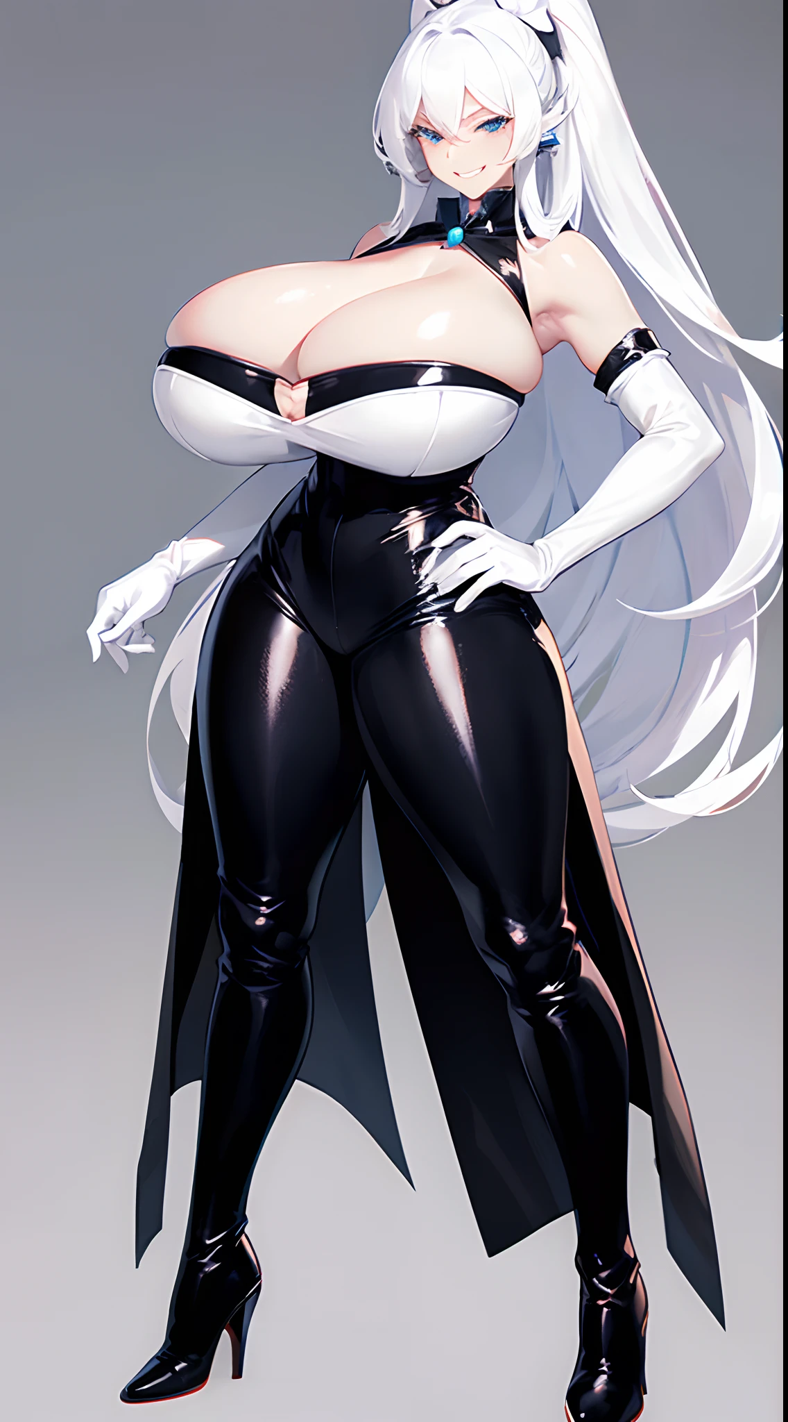 (gigantic cleavage breasts:1.2)，angelicales，White hair，Pale skin，Latex gloves，high-heeled leather boots，stand posture，Full body like，grin face，white backgrounid，simplebackground