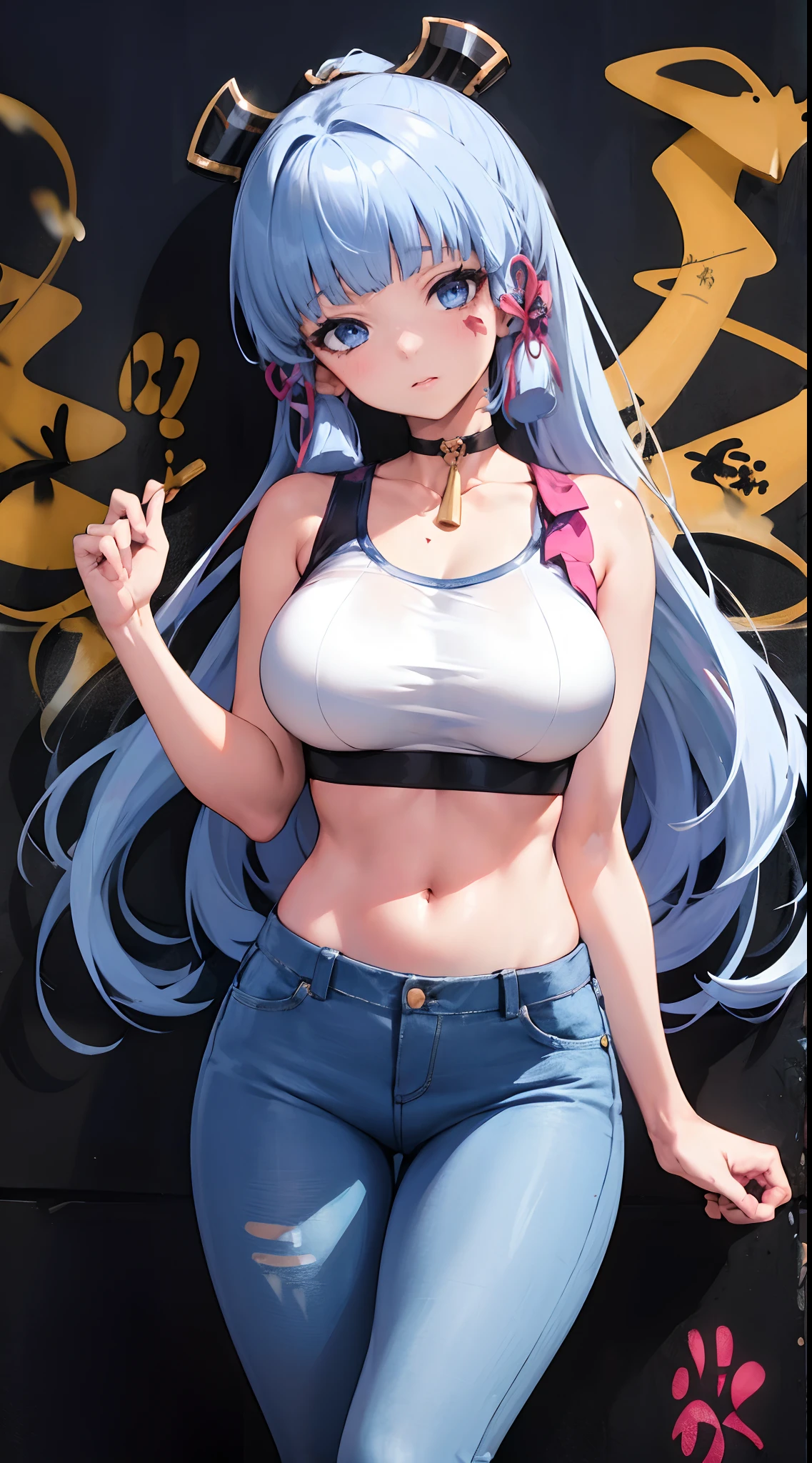kamisato ayaka|genshin impact, master-piece, bestquality, 1girls,25 years old, proportional body, elongated legs, Beautiful, proportional., crop top, Long Jeans, gigantic breasts, ,bara, crop top, choker, (Graffiti:1.5), Splash with purple lightning pattern., arm behind back, against wall, View viewers from the front., Thigh strap, Head tilt, bored,